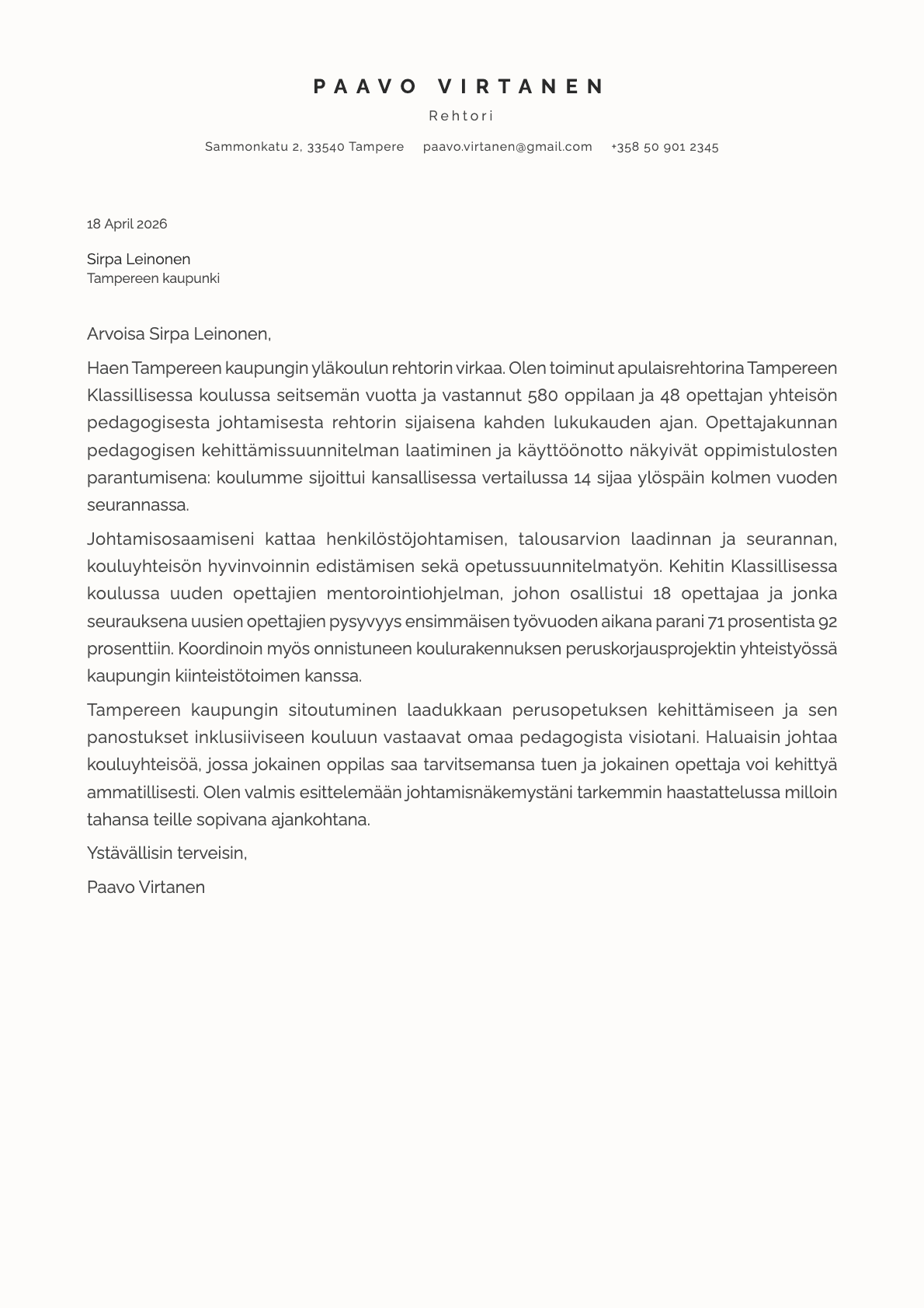 Rehtori cover letter example