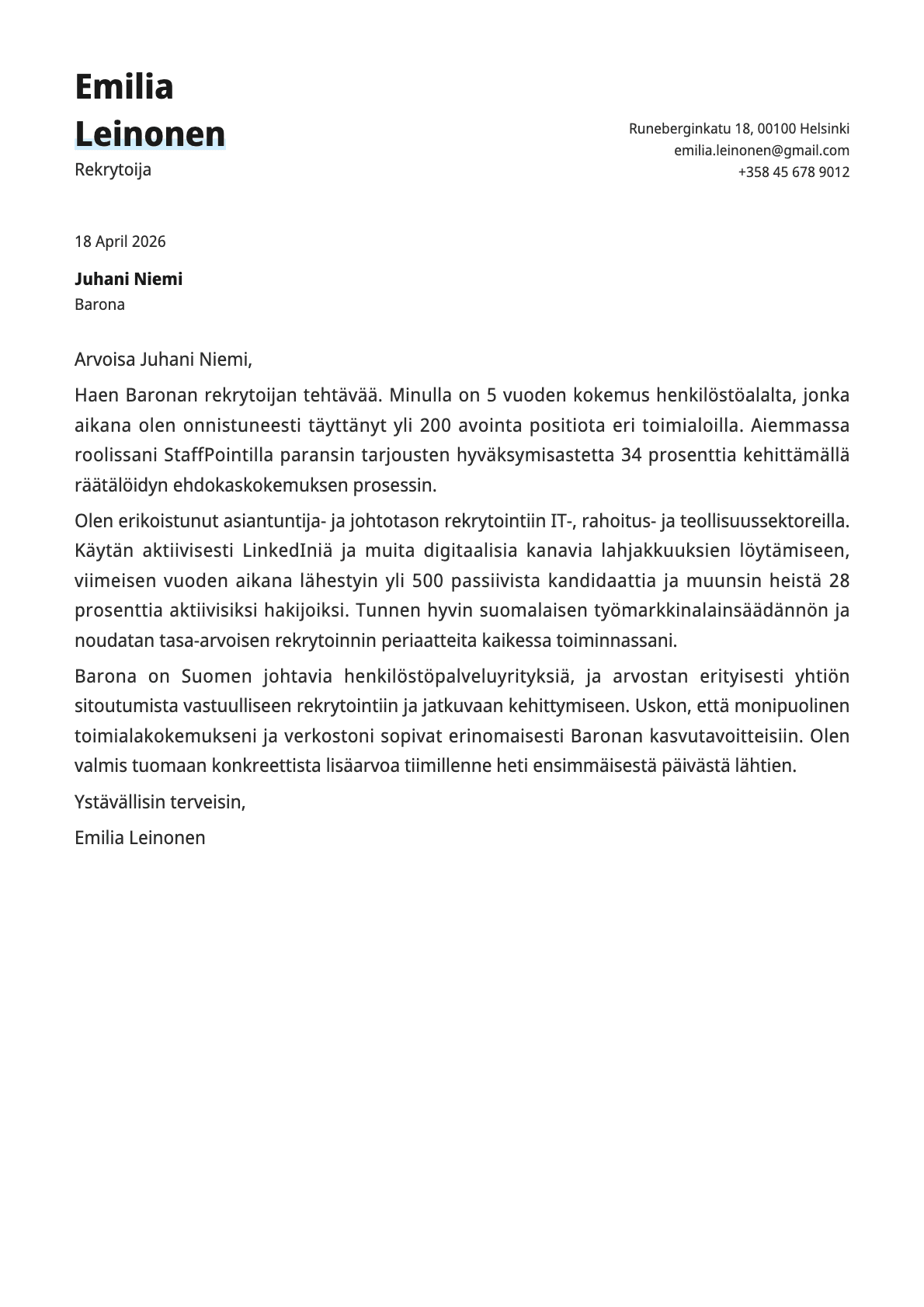 Rekrytoija cover letter example