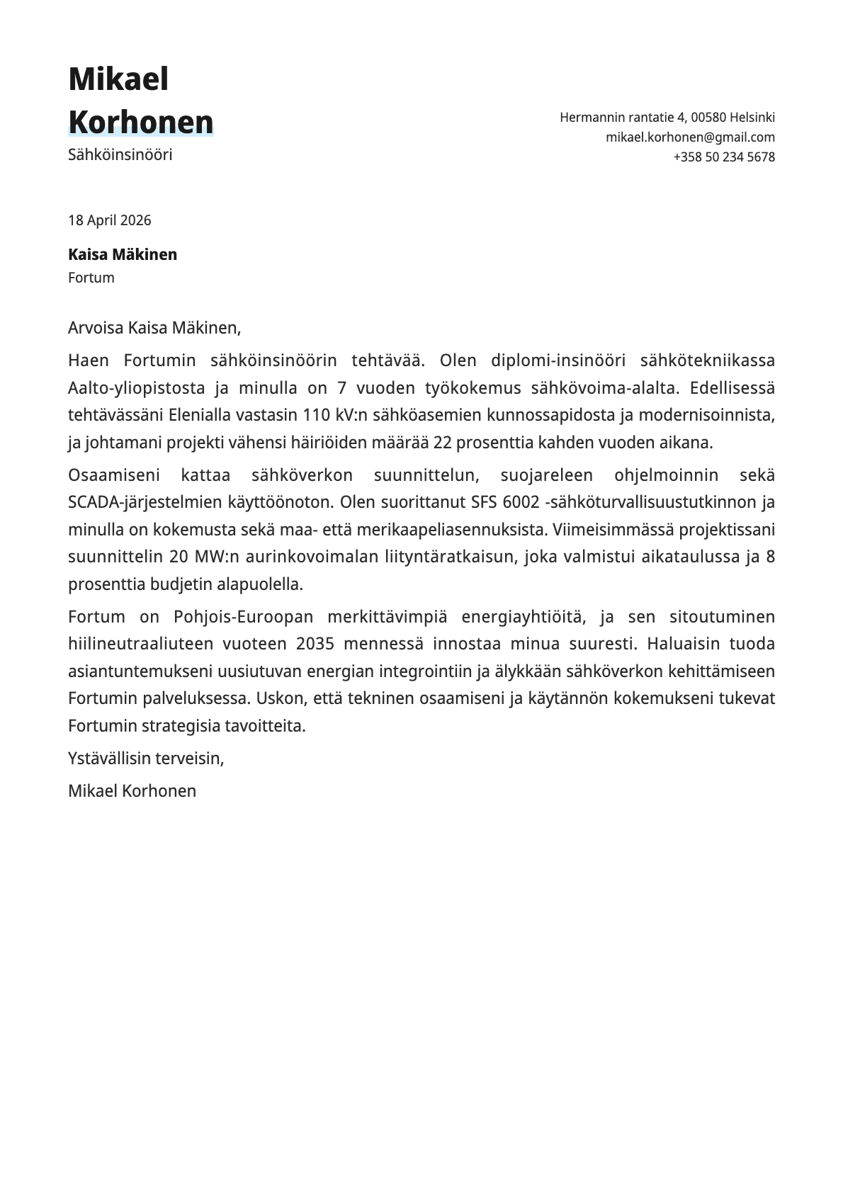 Sähköinsinööri cover letter example