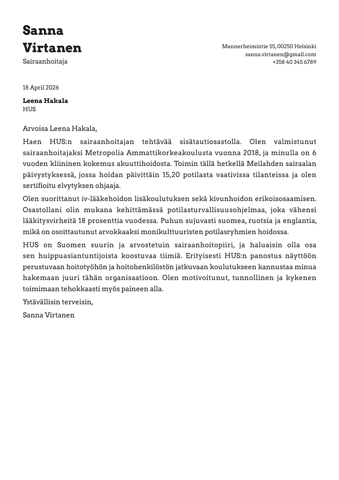 Sairaanhoitaja cover letter example