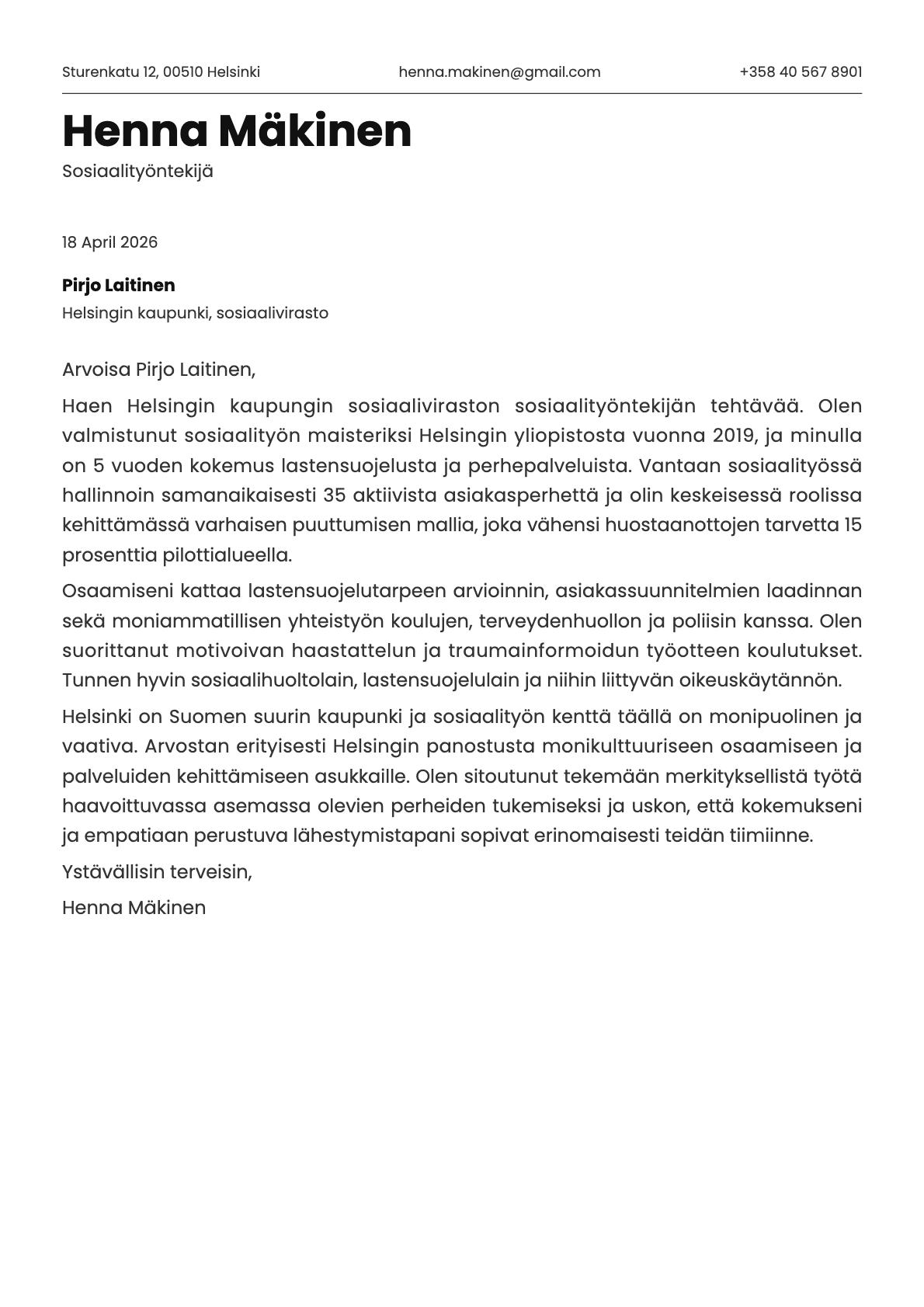 Sosiaalityöntekijä cover letter example