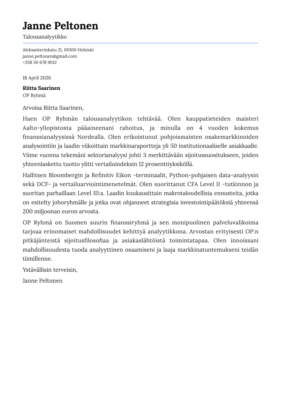 Talousanalyytikko cover letter example