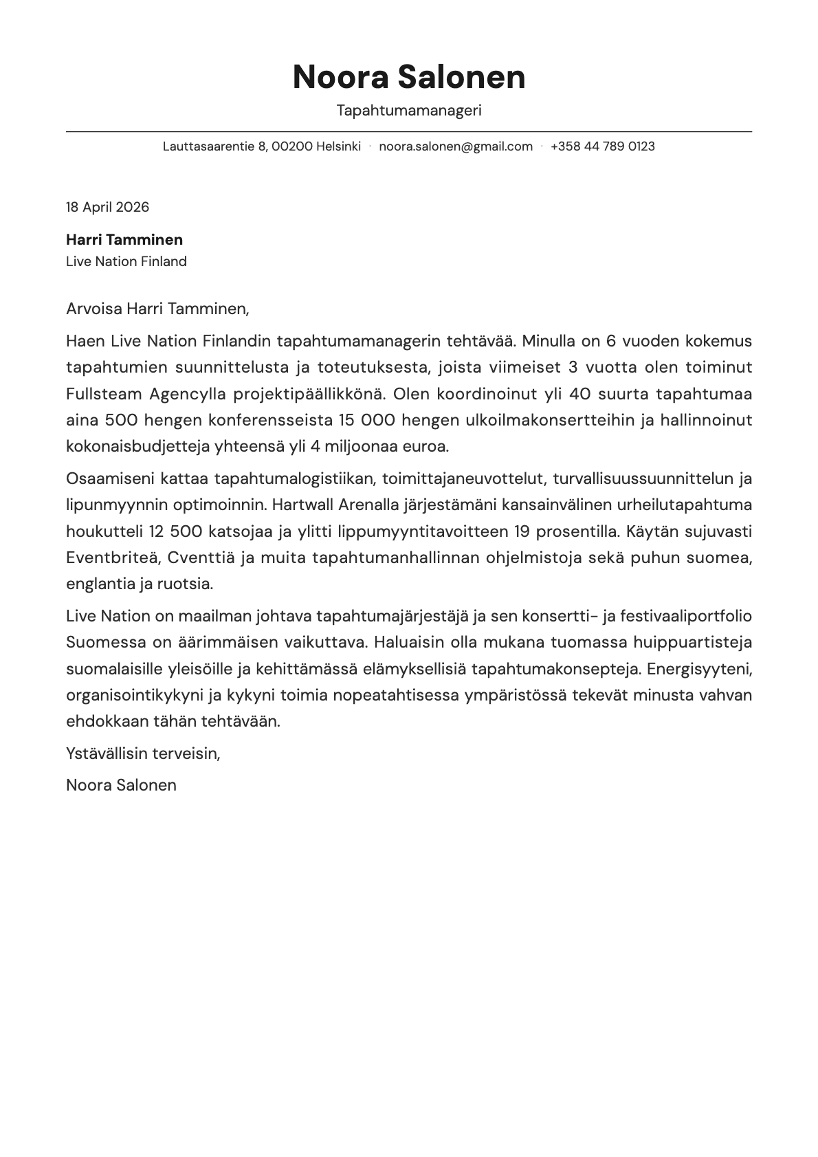 Tapahtumamanageri cover letter example