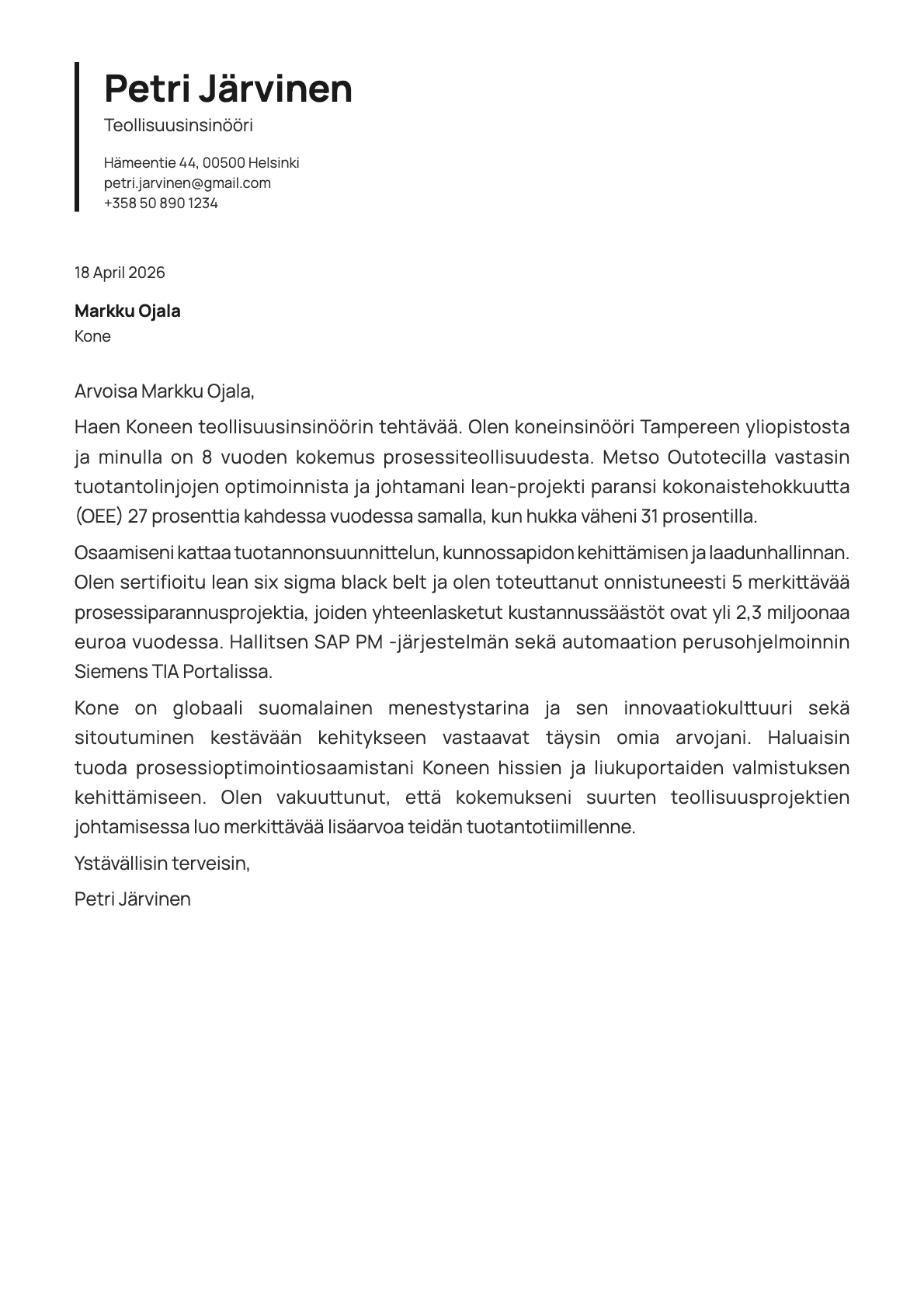 Teollisuusinsinööri cover letter example