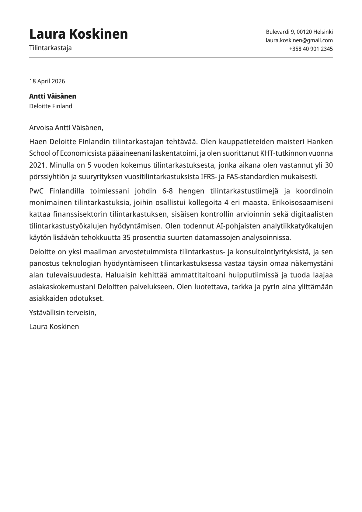 Tilintarkastaja cover letter example