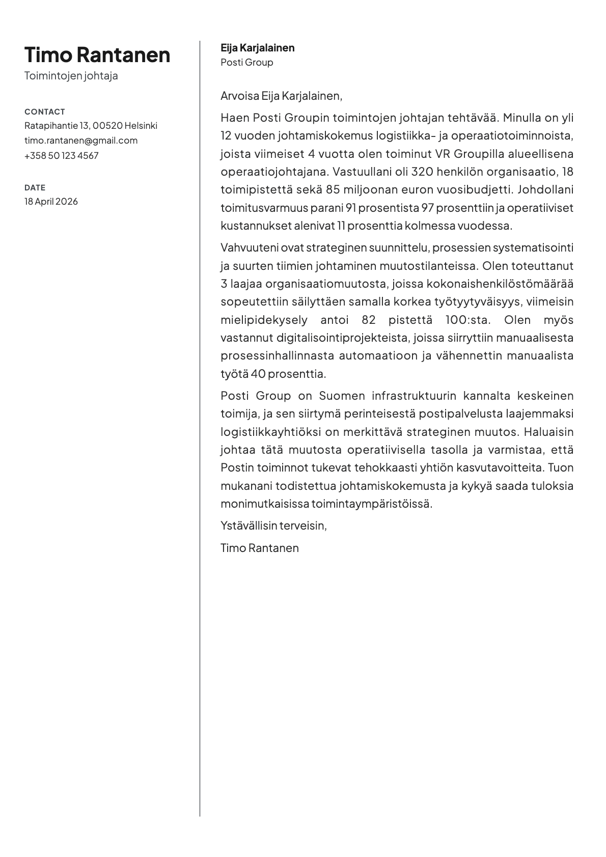 Toimintojen johtaja cover letter example