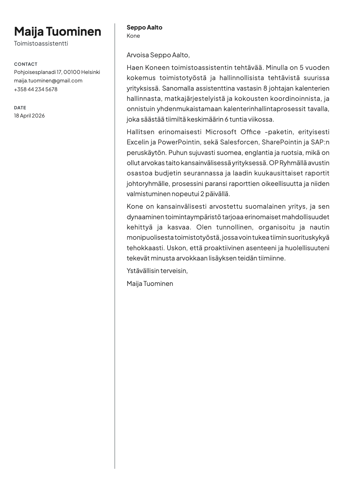 Toimistoassistentti cover letter example