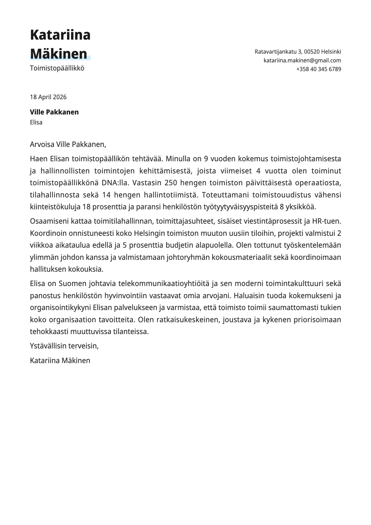Toimistopäällikkö cover letter example