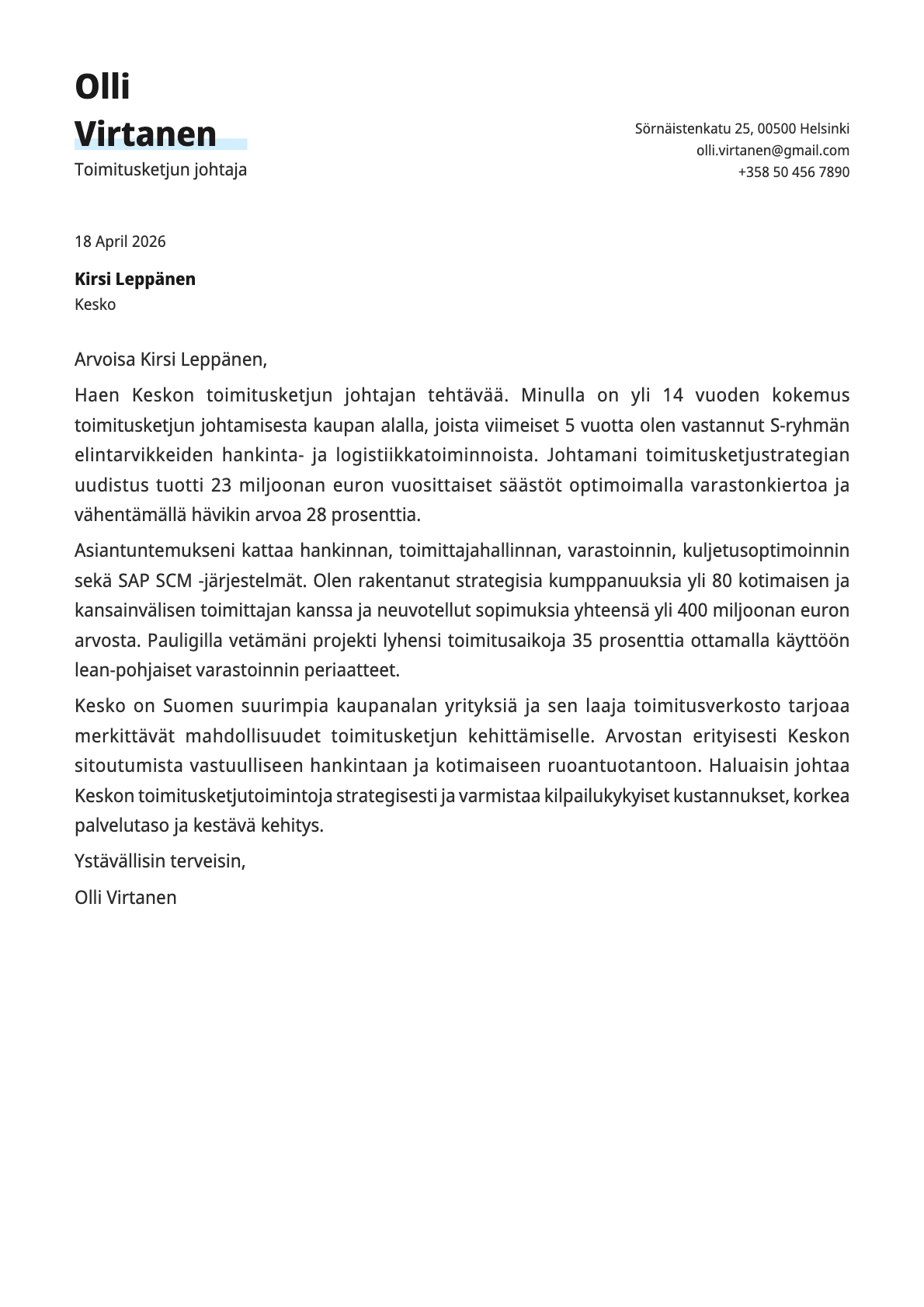 Toimitusketjun johtaja cover letter example