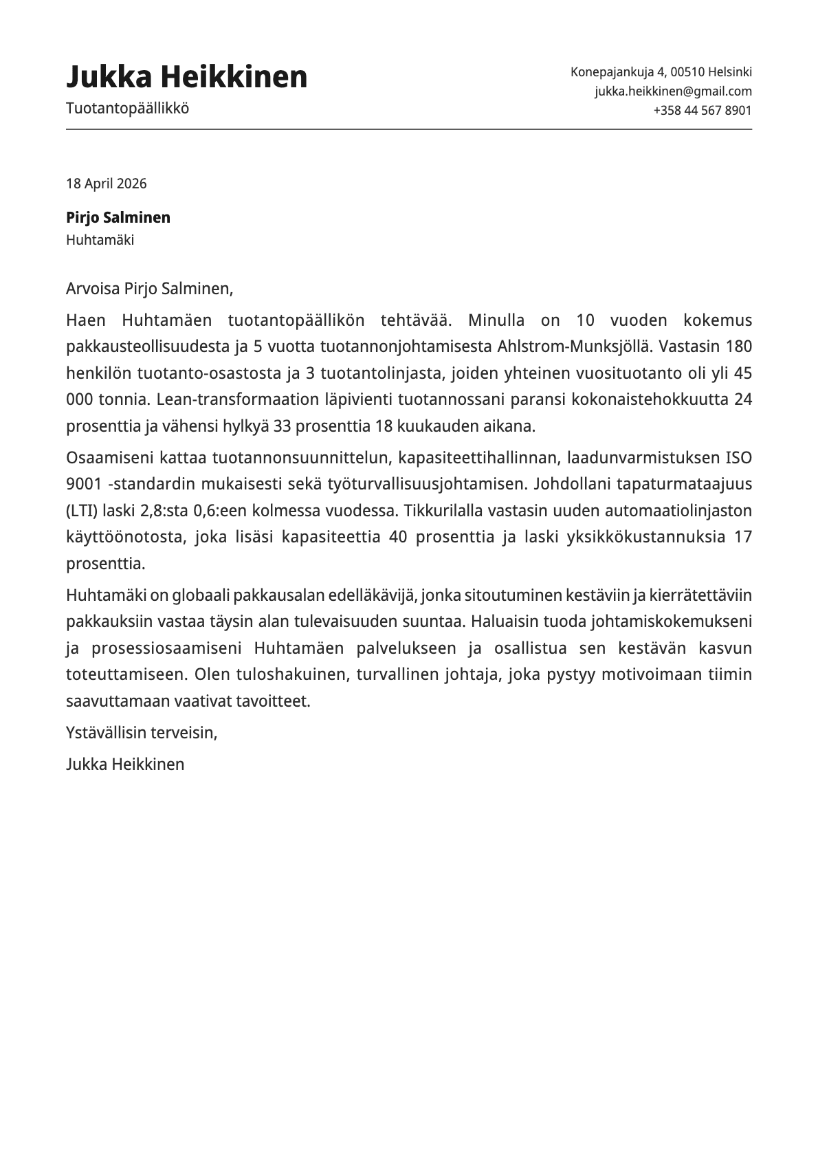 Tuotantopäällikkö cover letter example