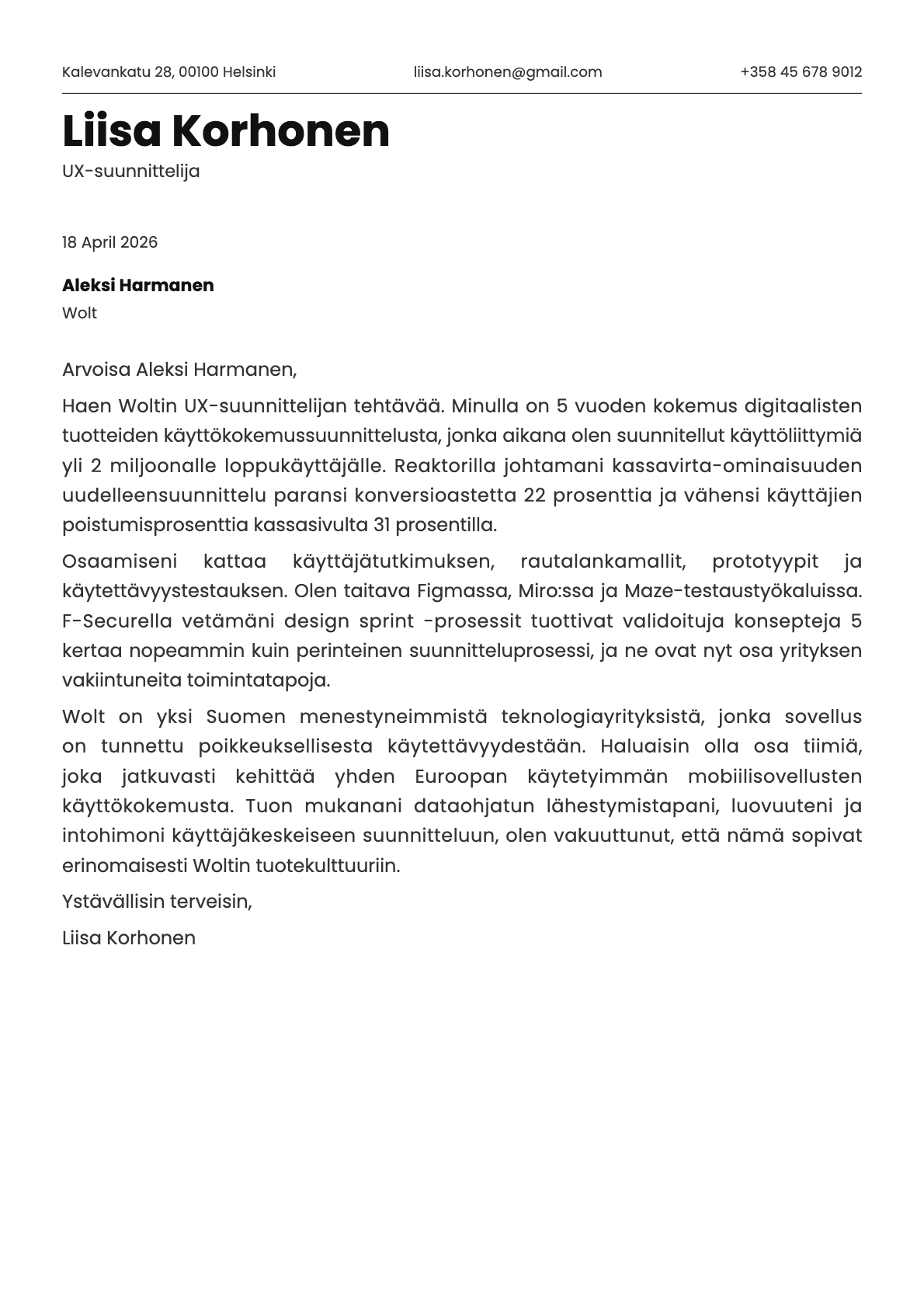 UX-suunnittelija cover letter example