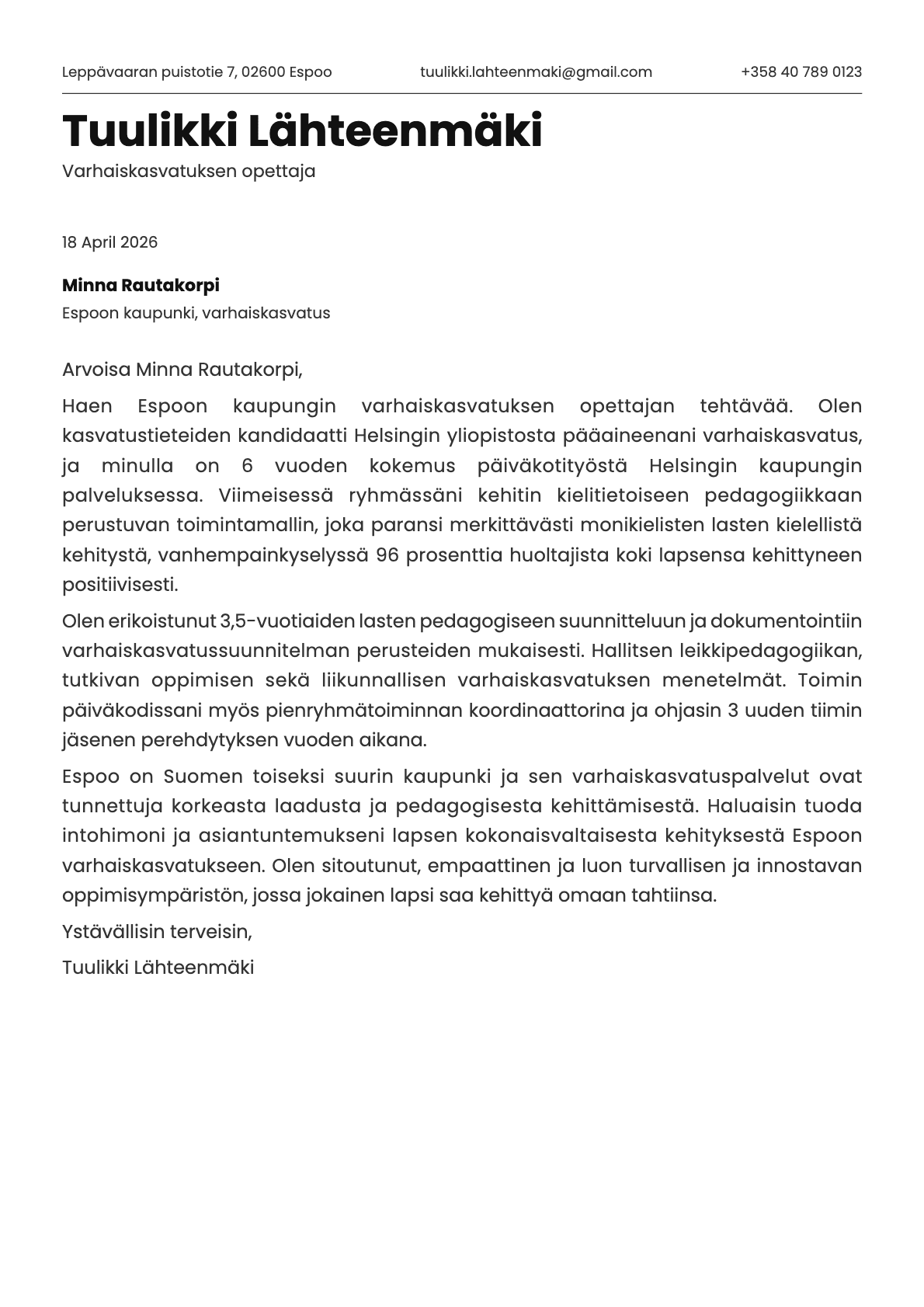 Varhaiskasvatuksen opettaja cover letter example