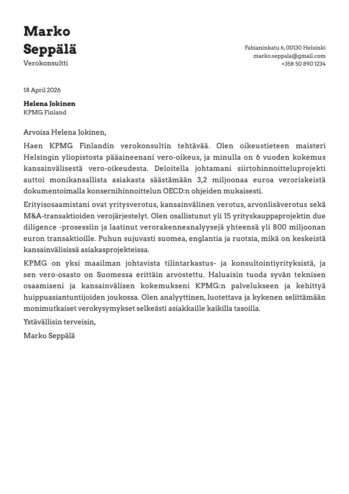 Verokonsultti cover letter example