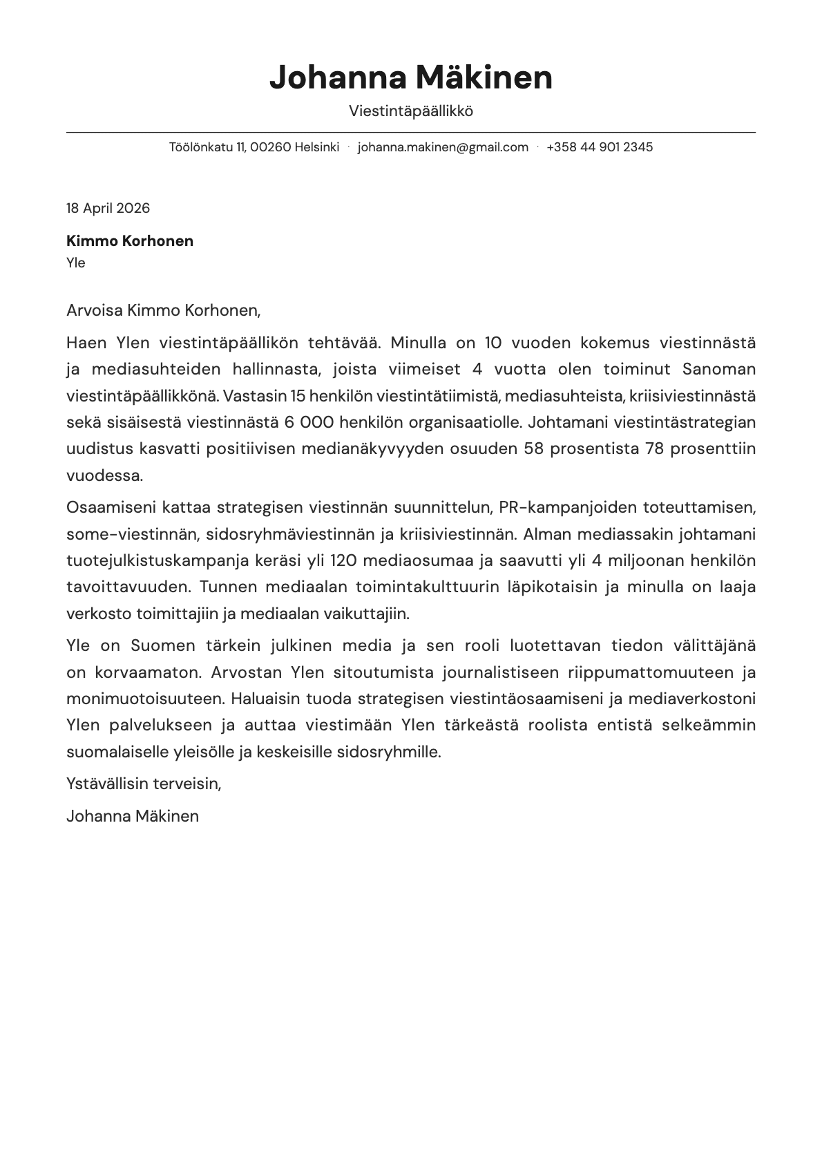 Viestintäpäällikkö cover letter example