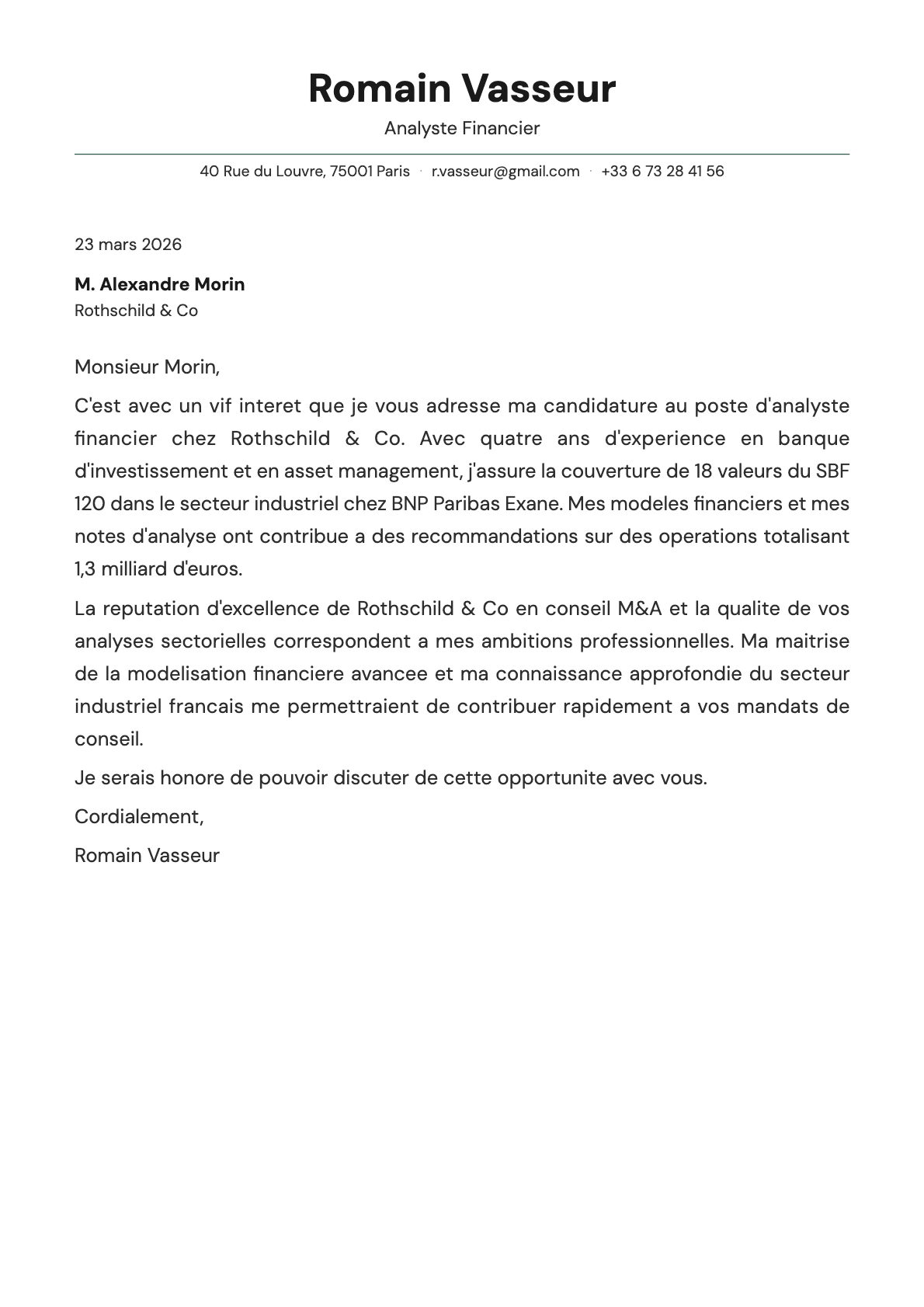 Analyste Financier cover letter example
