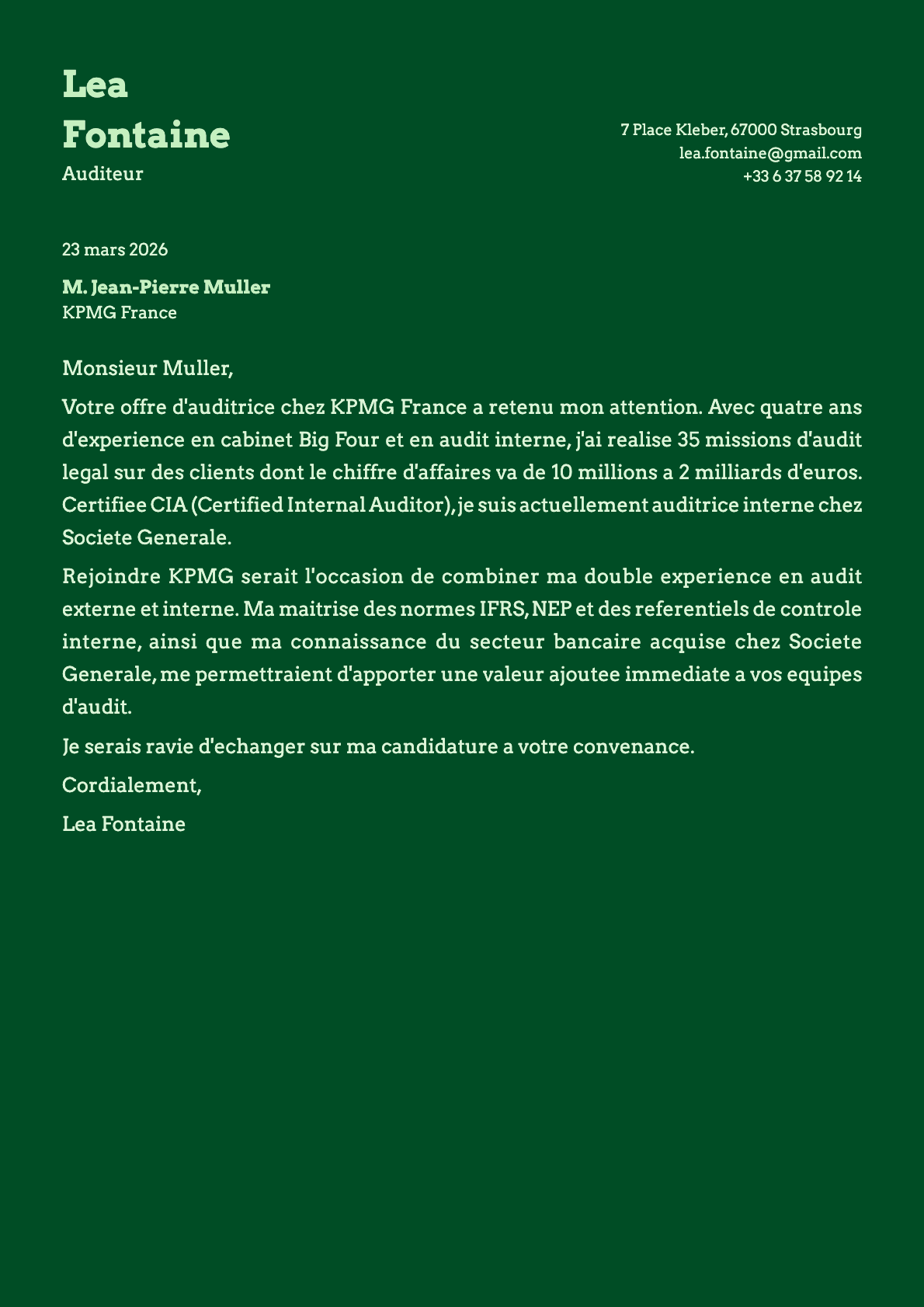 Auditeur cover letter example