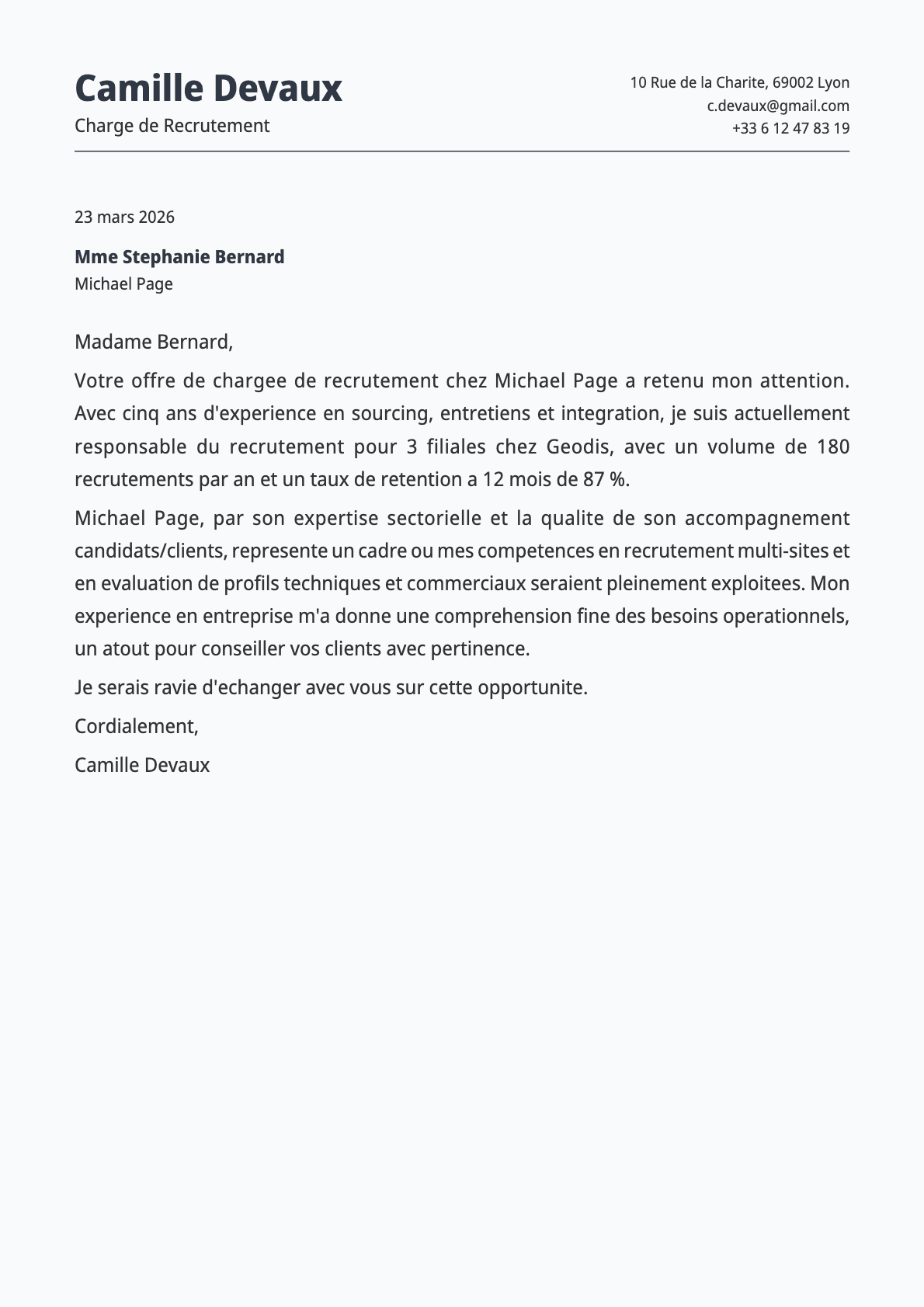 Chargé de Recrutement cover letter example