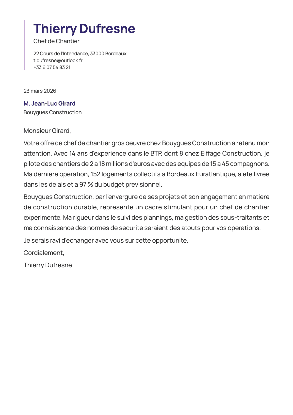 Chef de Chantier cover letter example