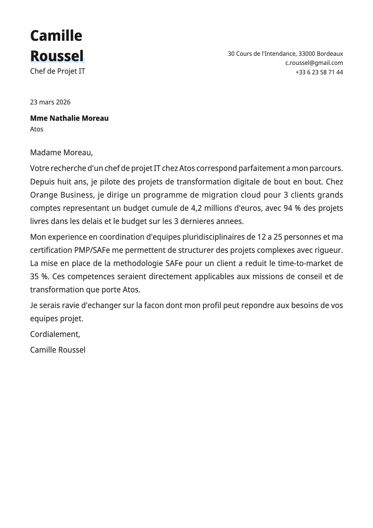 Chef de Projet IT cover letter example