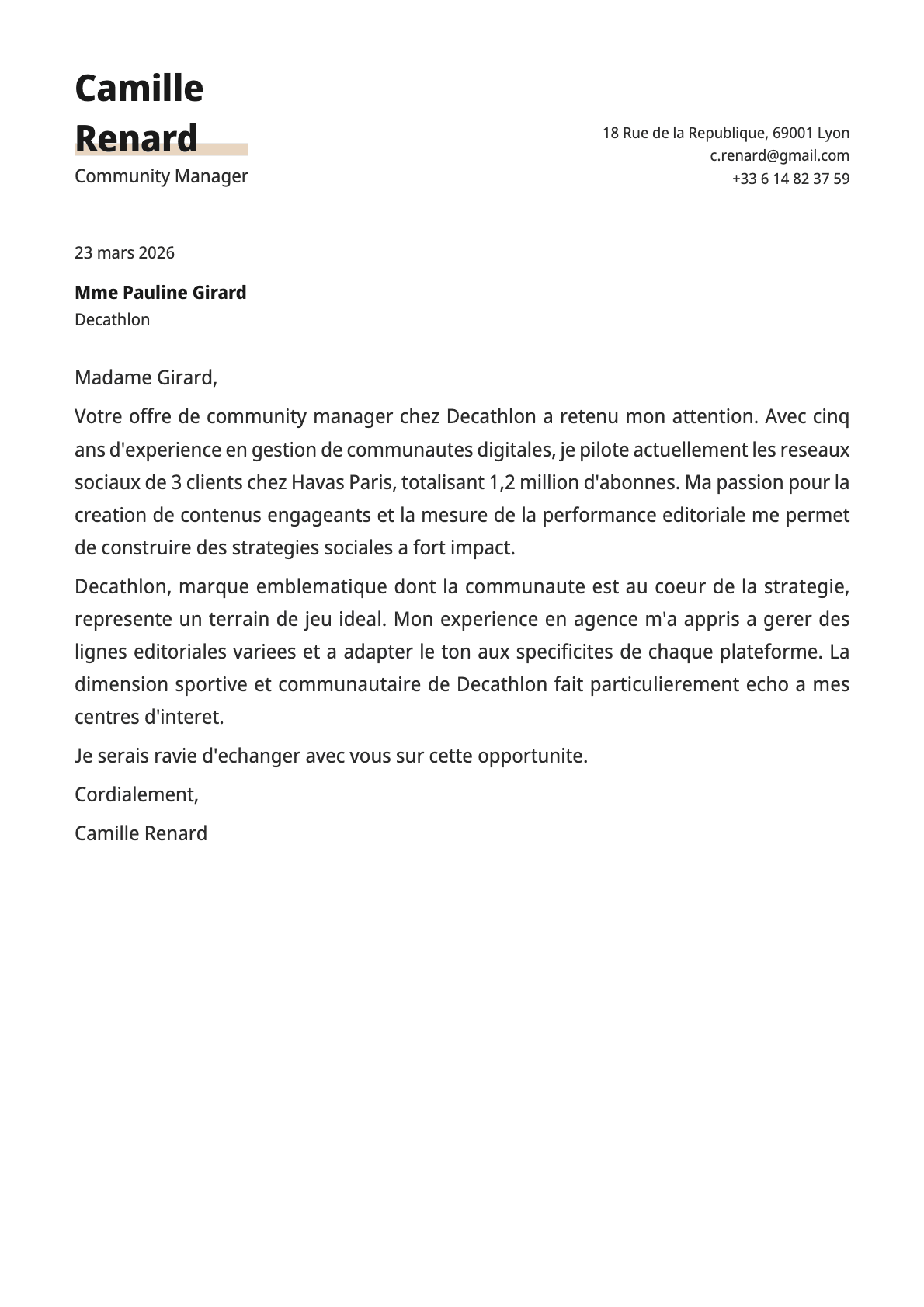 Community Manager cover letter example