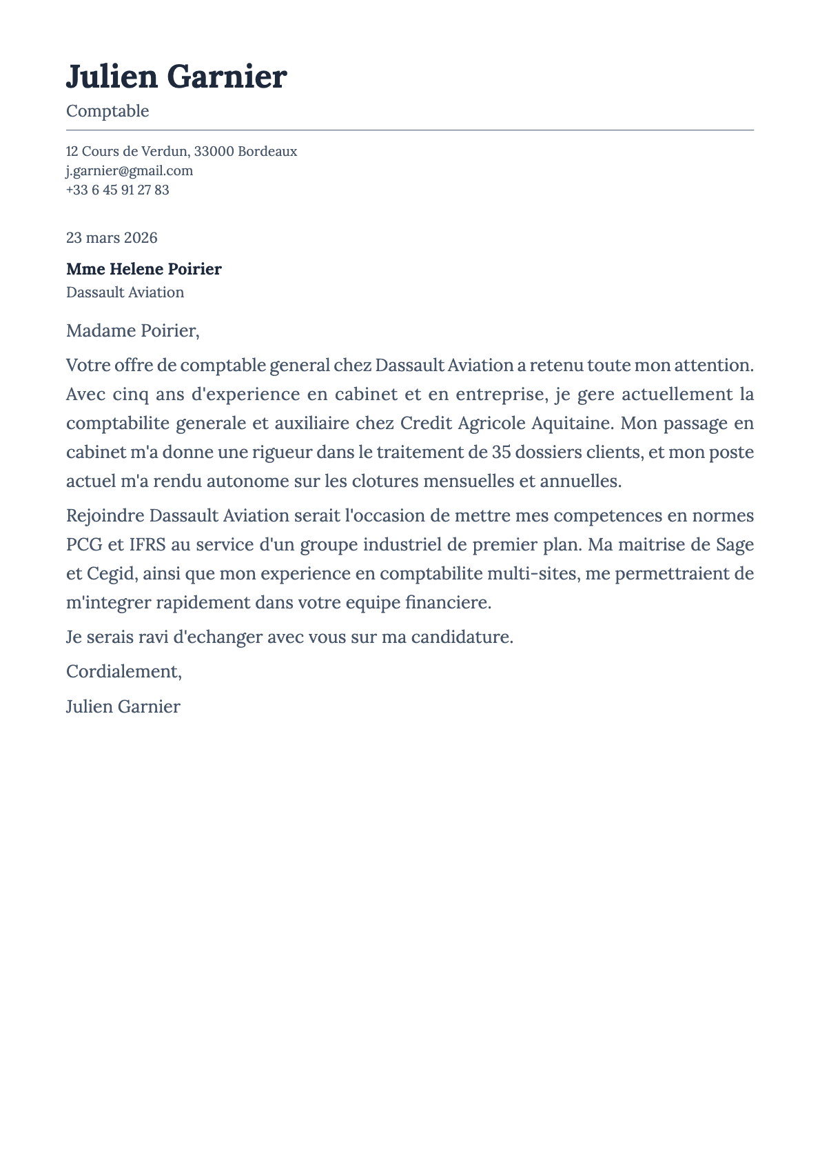 Comptable cover letter example