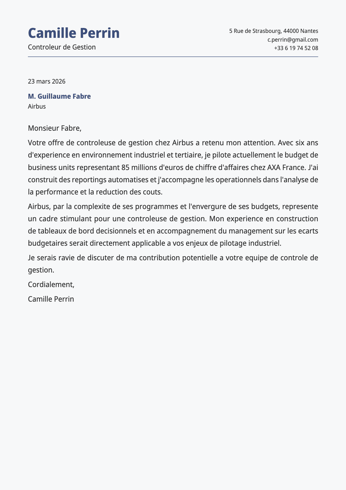Contrôleur de Gestion cover letter example