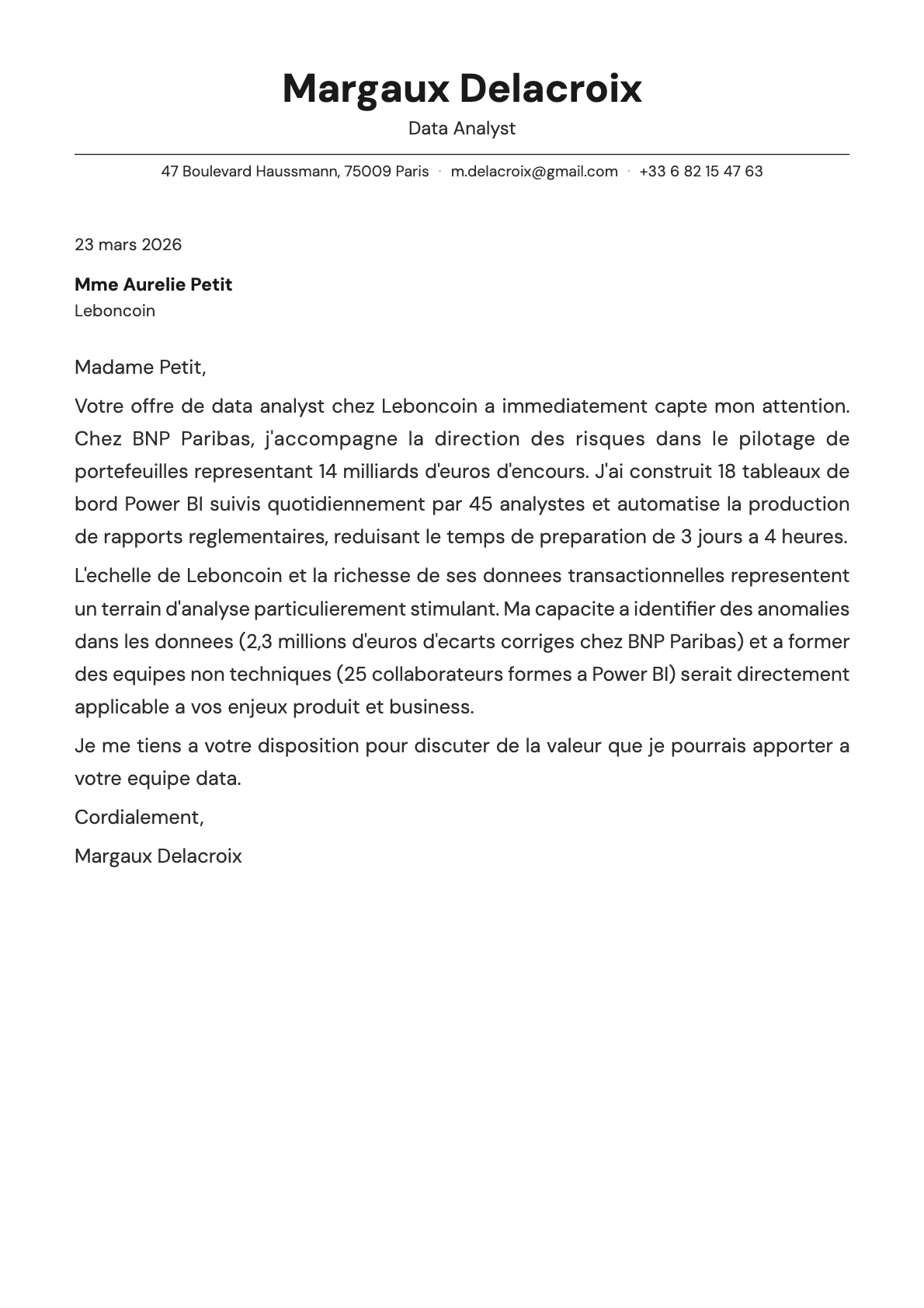 Data Analyst cover letter example