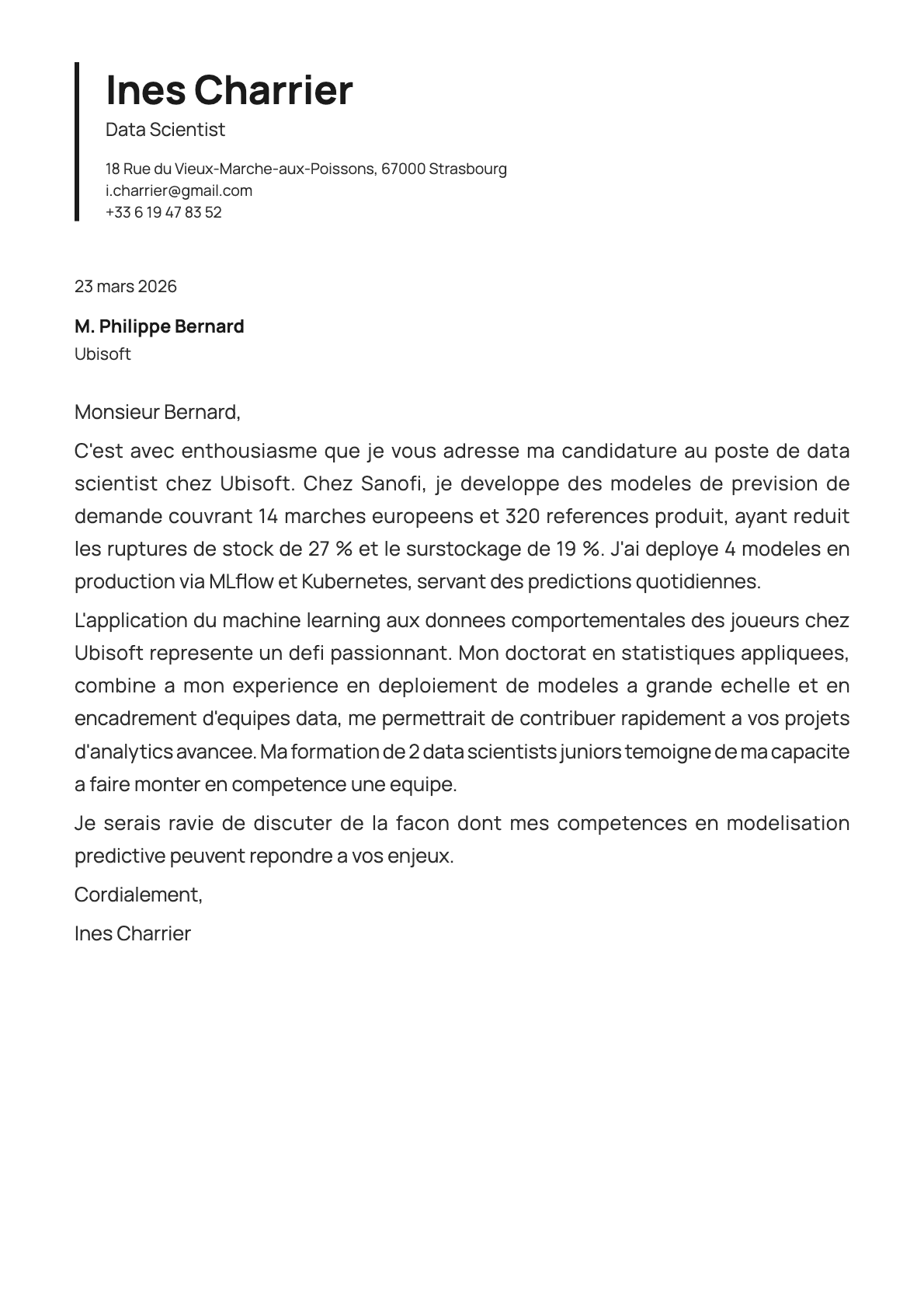 Data Scientist cover letter example