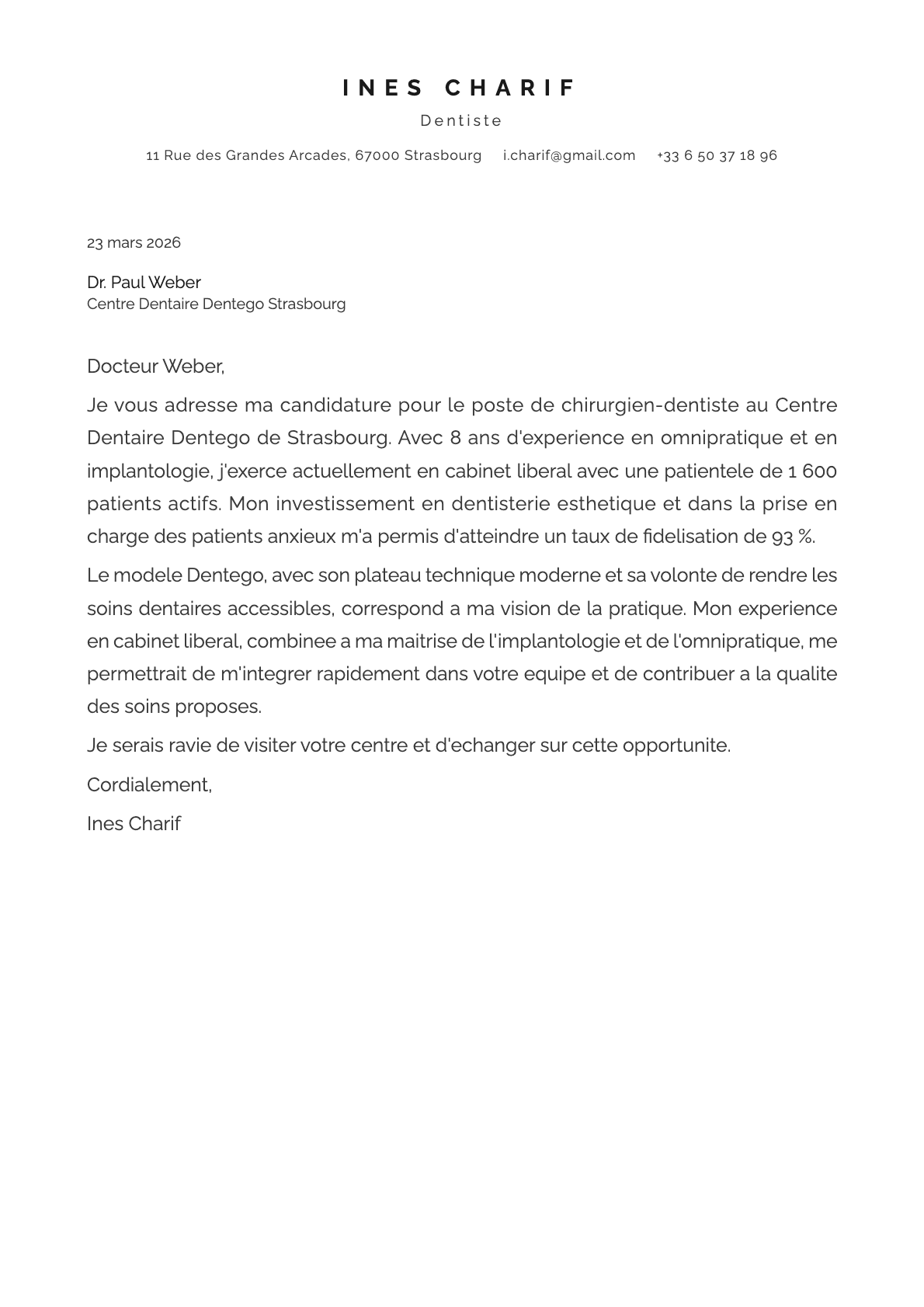 Dentiste cover letter example