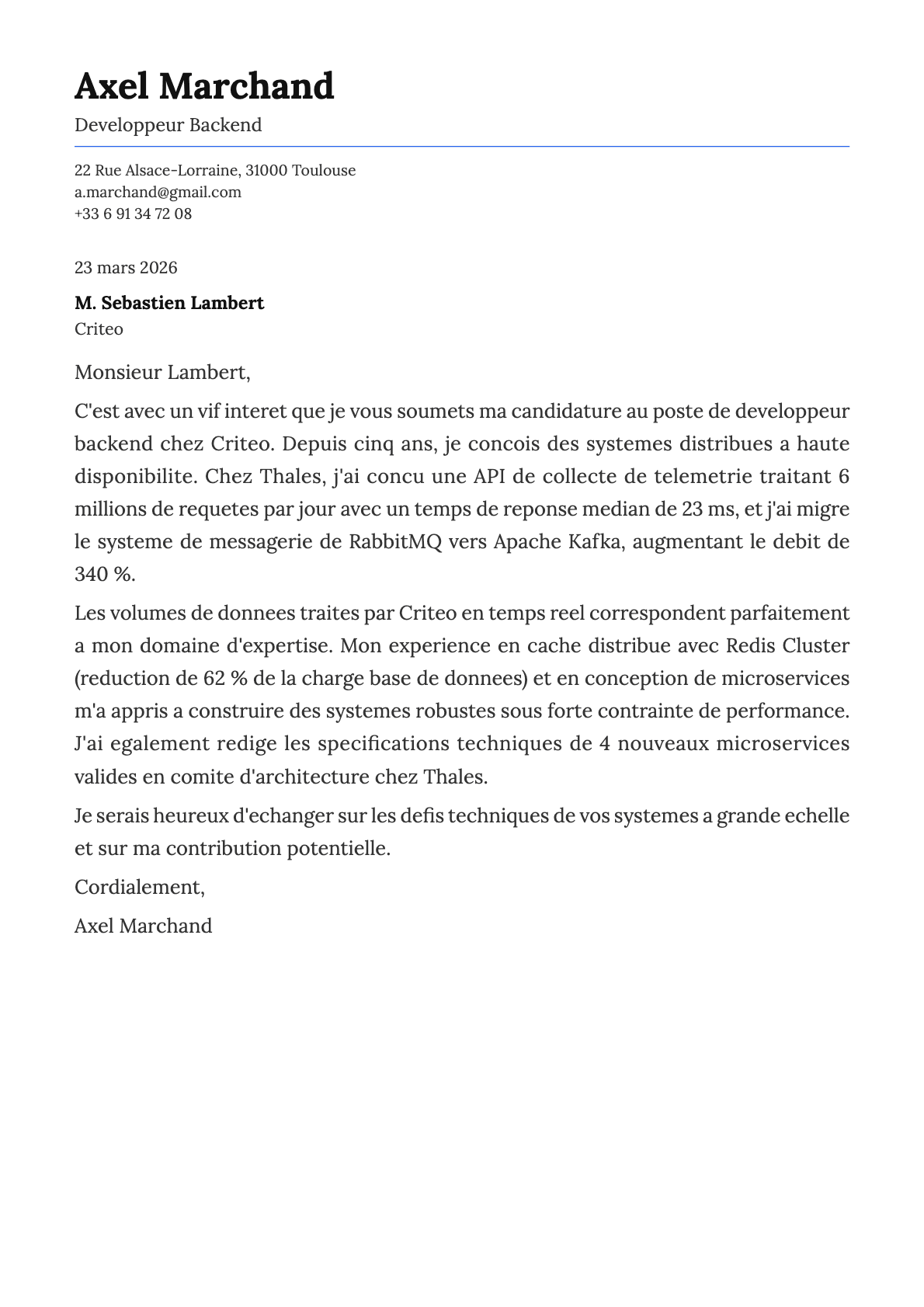 Développeur Backend cover letter example