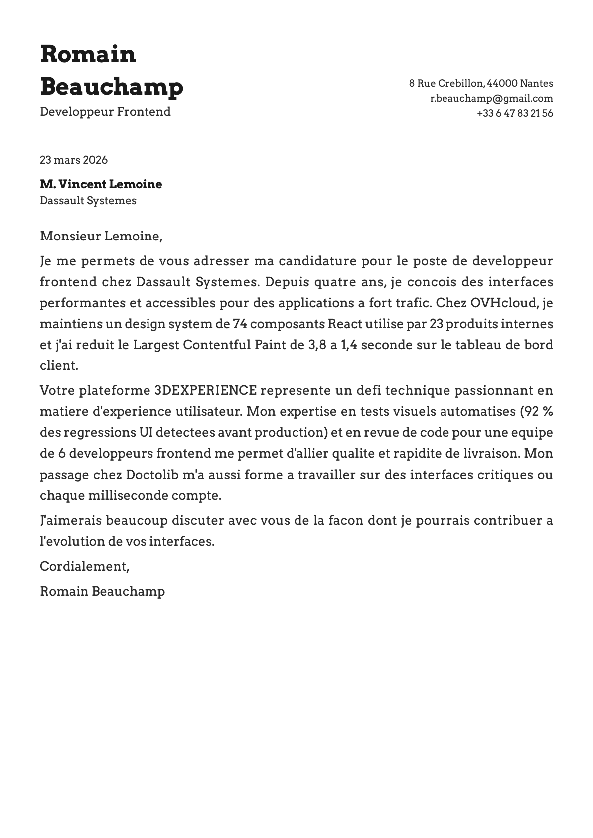 Développeur Frontend cover letter example