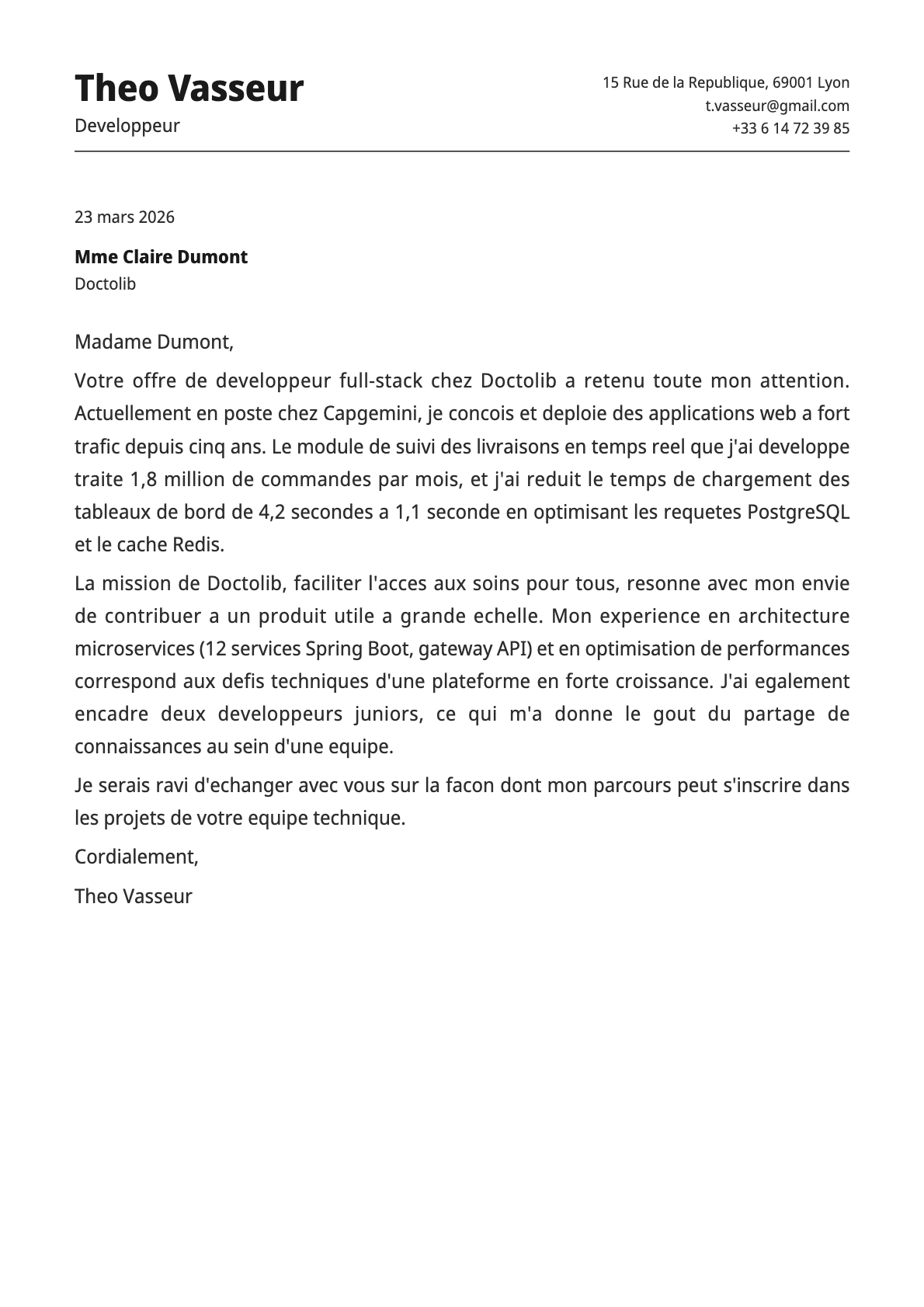 Développeur cover letter example