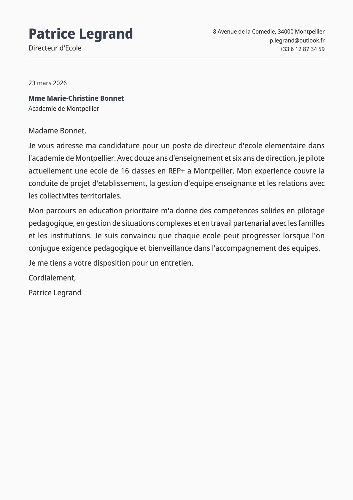 Directeur d'Ecole cover letter example