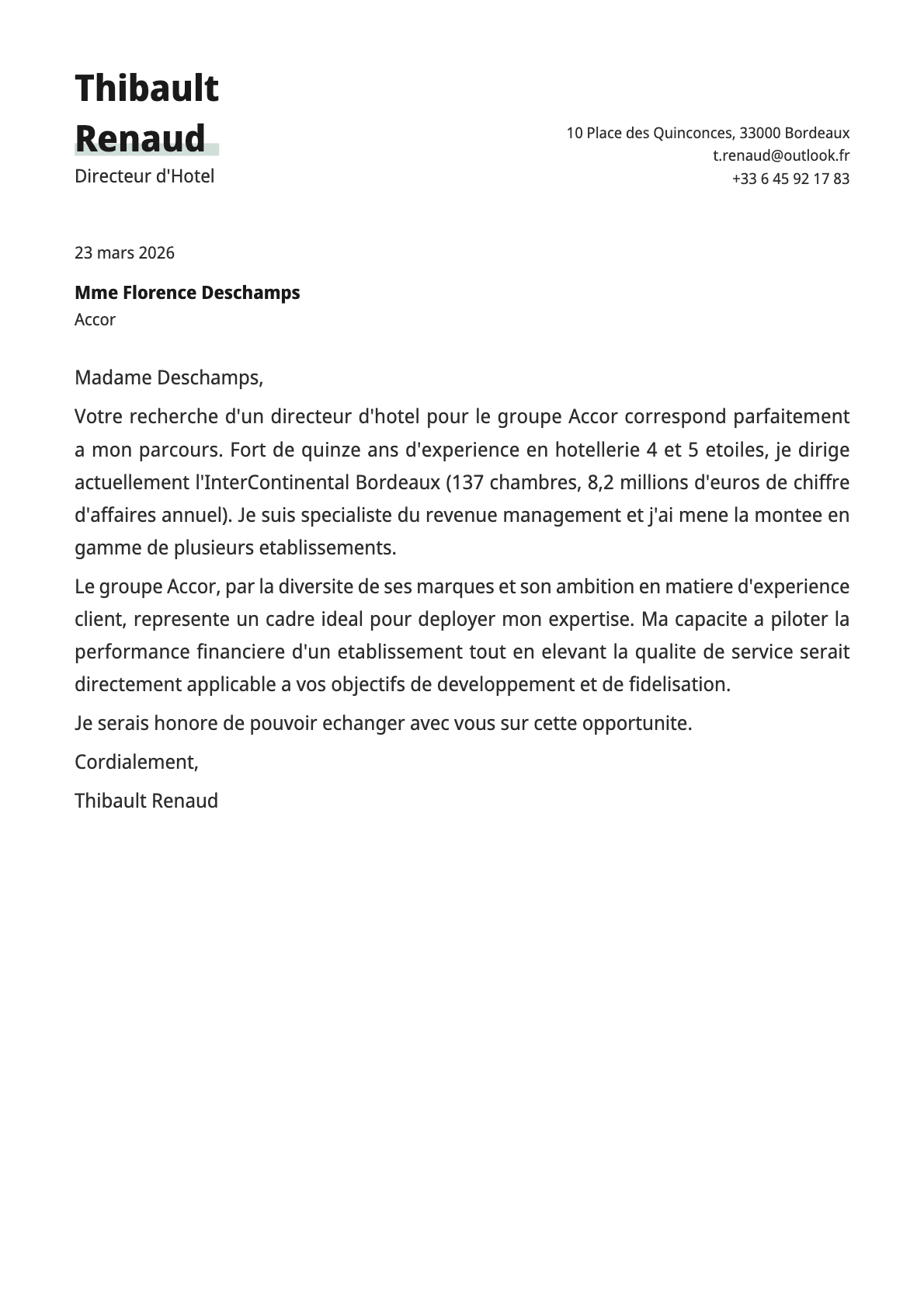 Directeur d'Hotel cover letter example