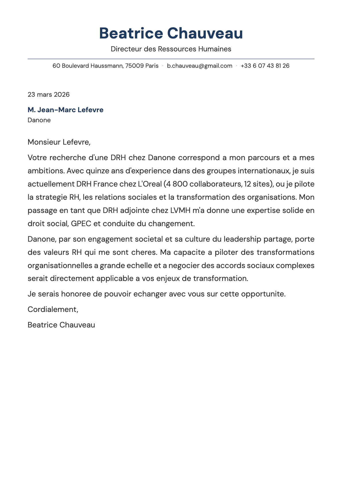 Directeur des Ressources Humaines cover letter example