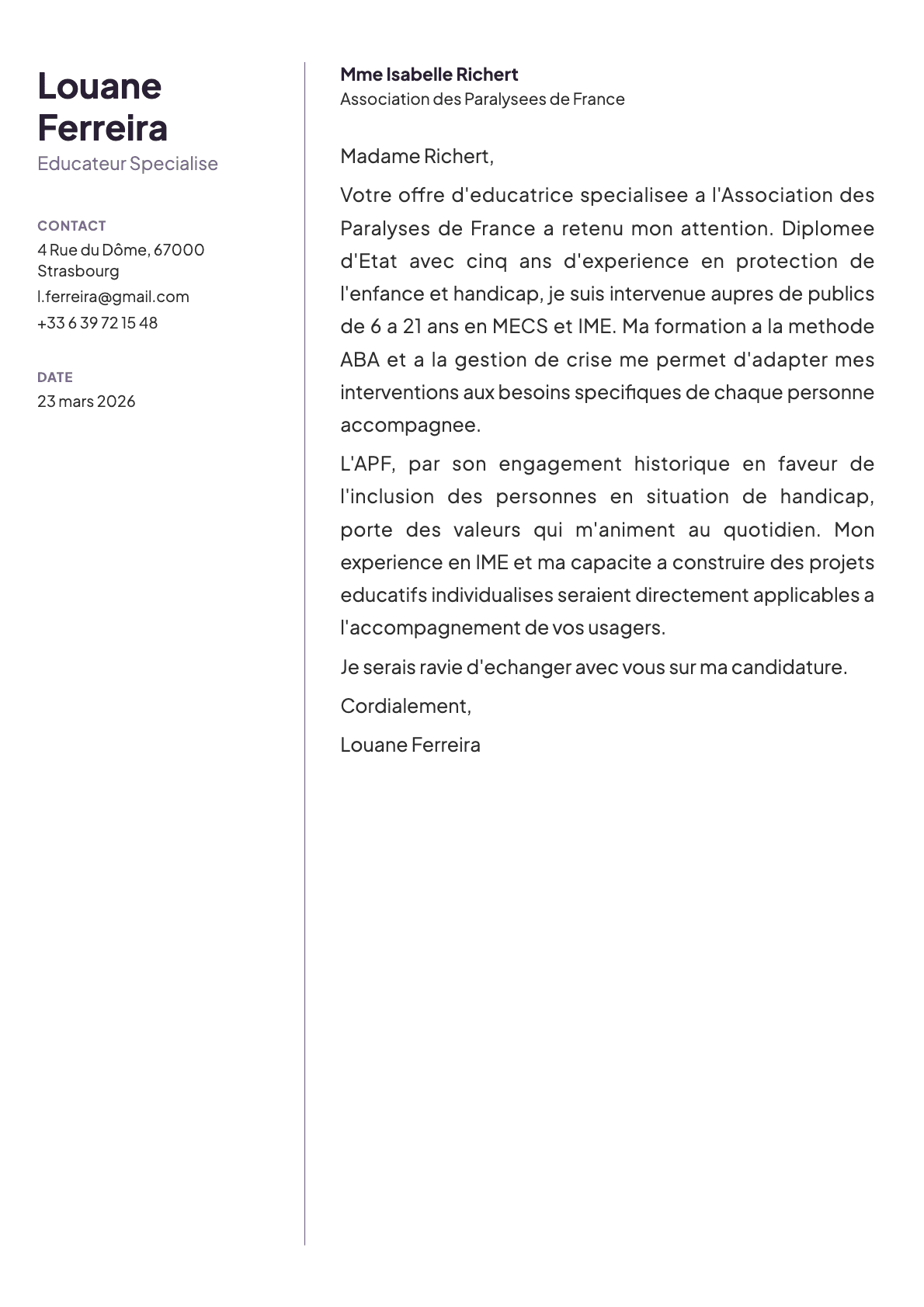 Educateur Specialise cover letter example