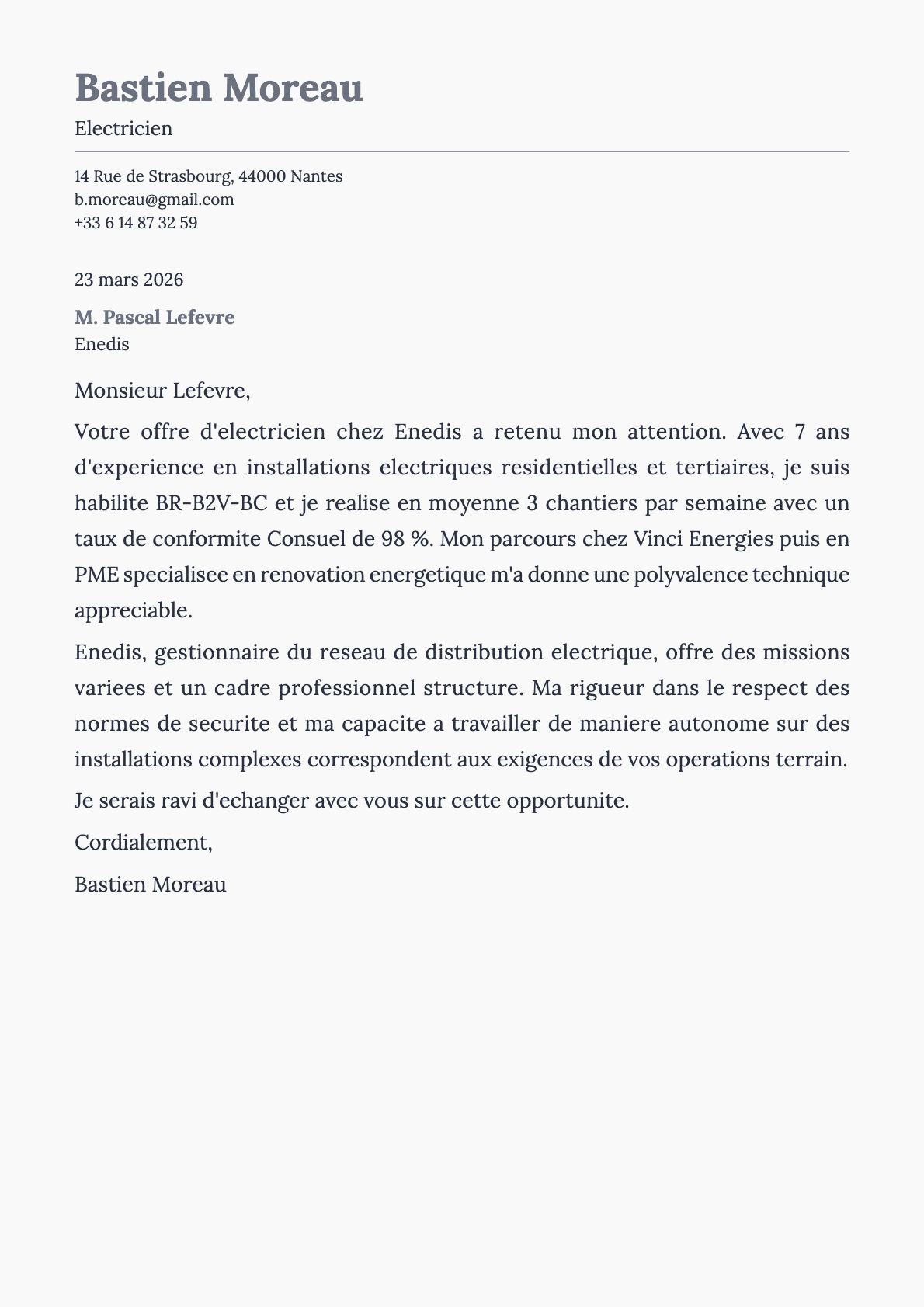 Électricien cover letter example