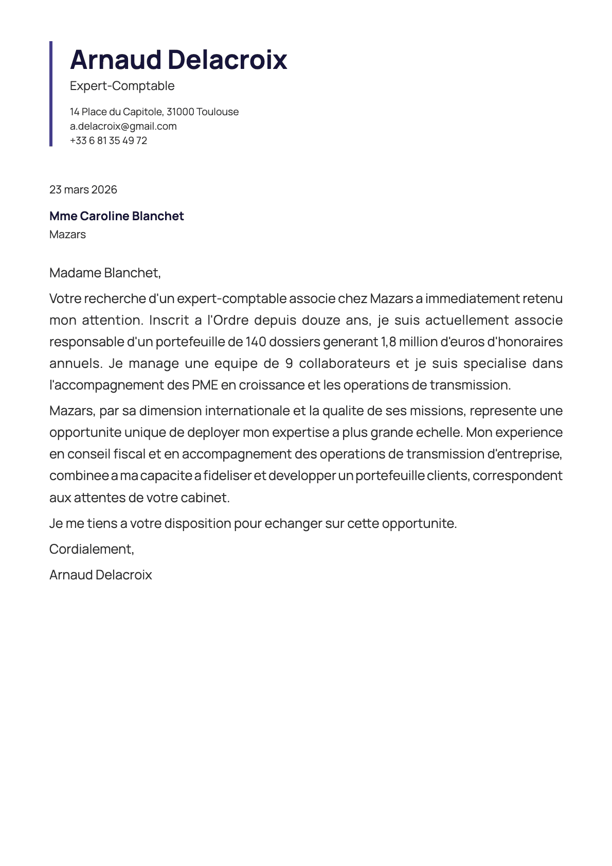 Expert-Comptable cover letter example