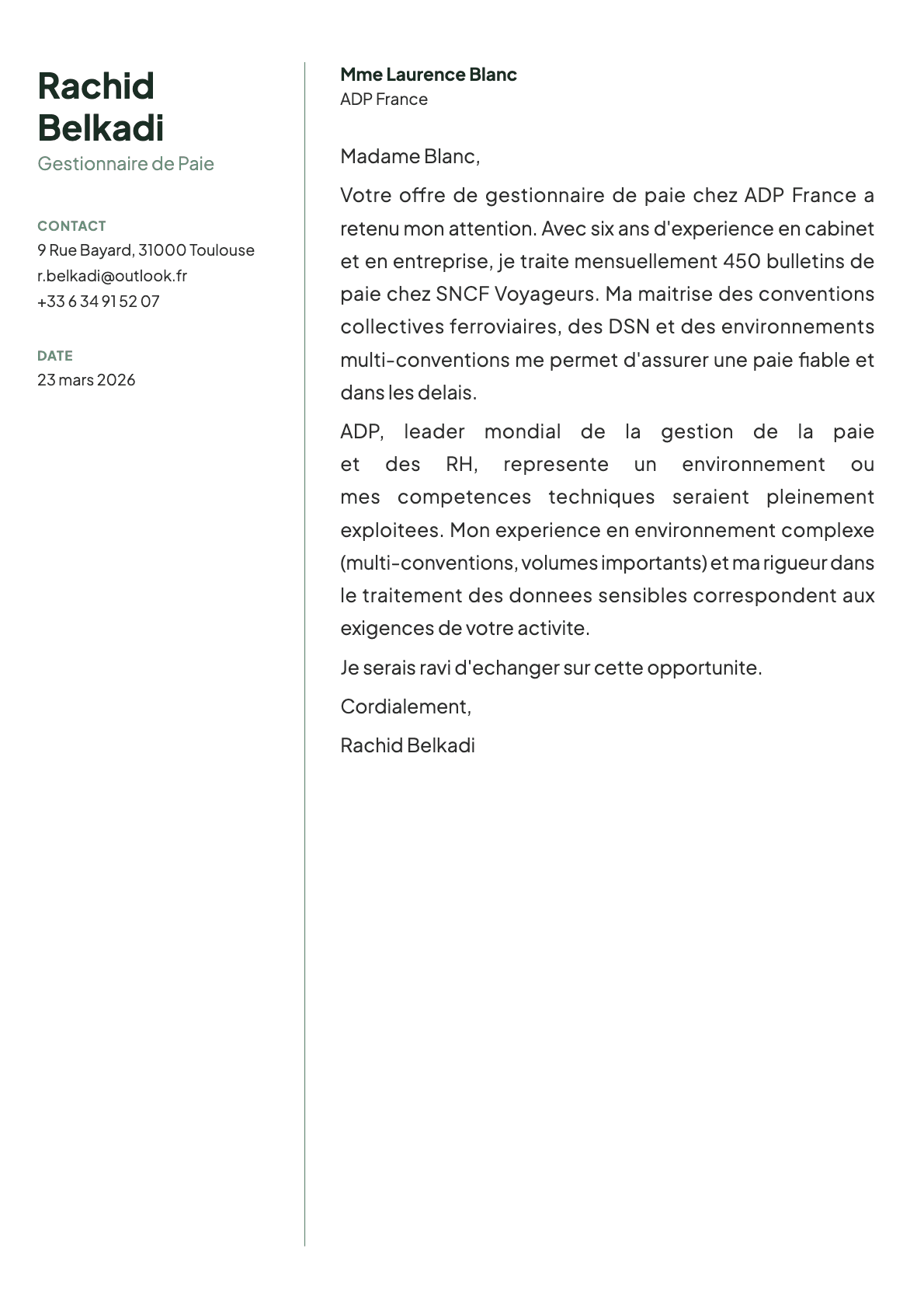 Gestionnaire de Paie cover letter example