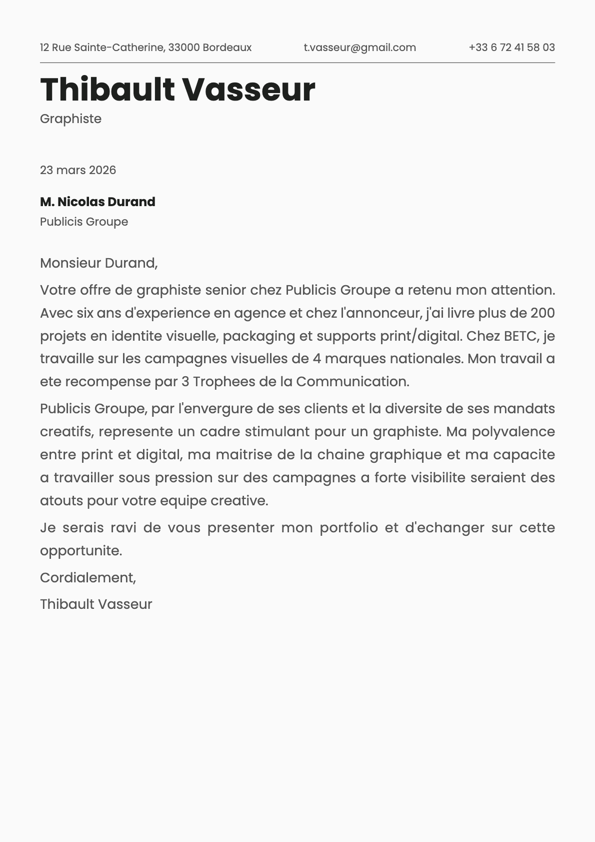 Graphiste cover letter example