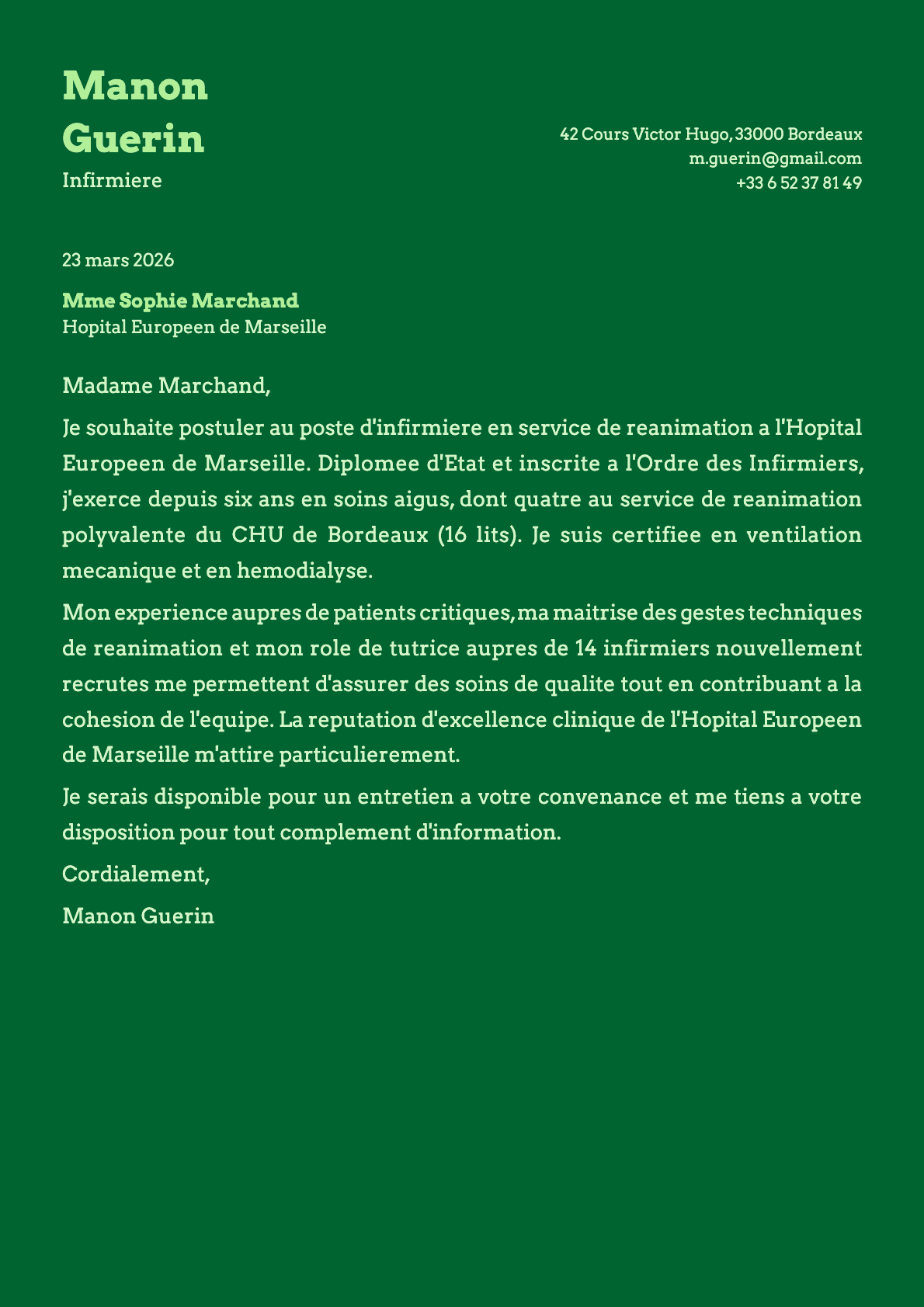 Infirmier / Infirmière cover letter example