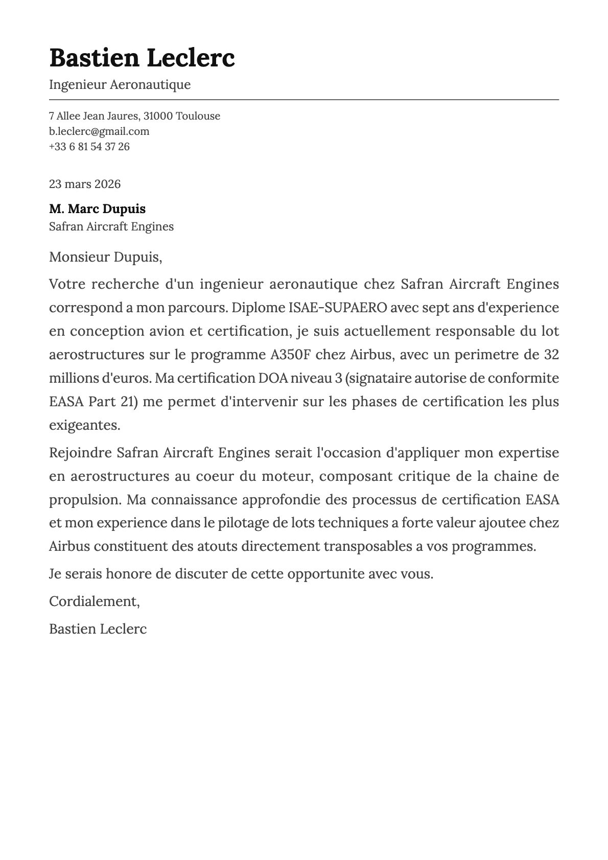 Ingénieur Aéronautique cover letter example