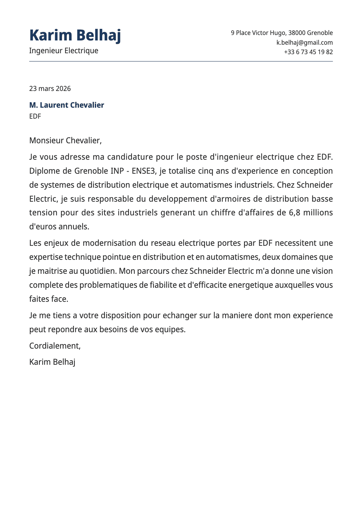 Ingenieur Electrique cover letter example