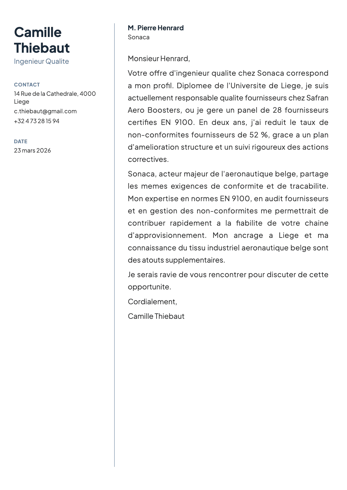 Ingenieur Qualite cover letter example