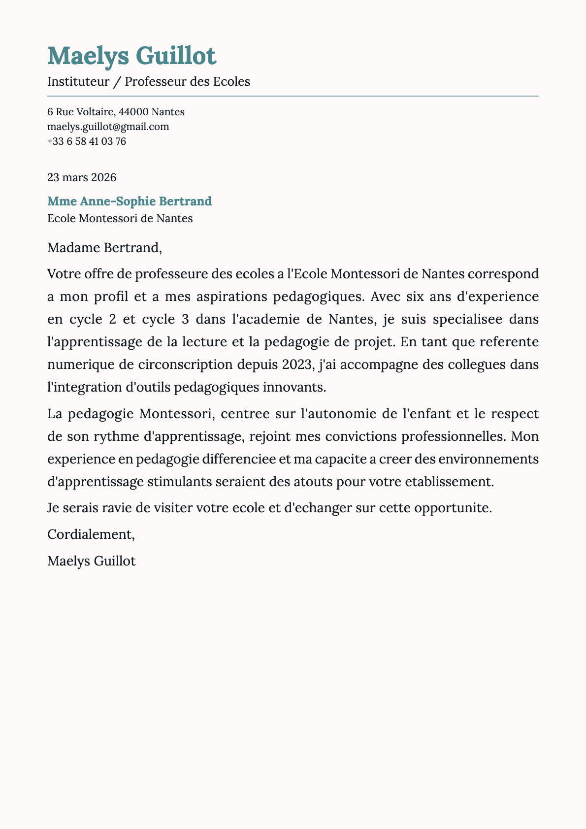 Instituteur / Professeur des Écoles cover letter example