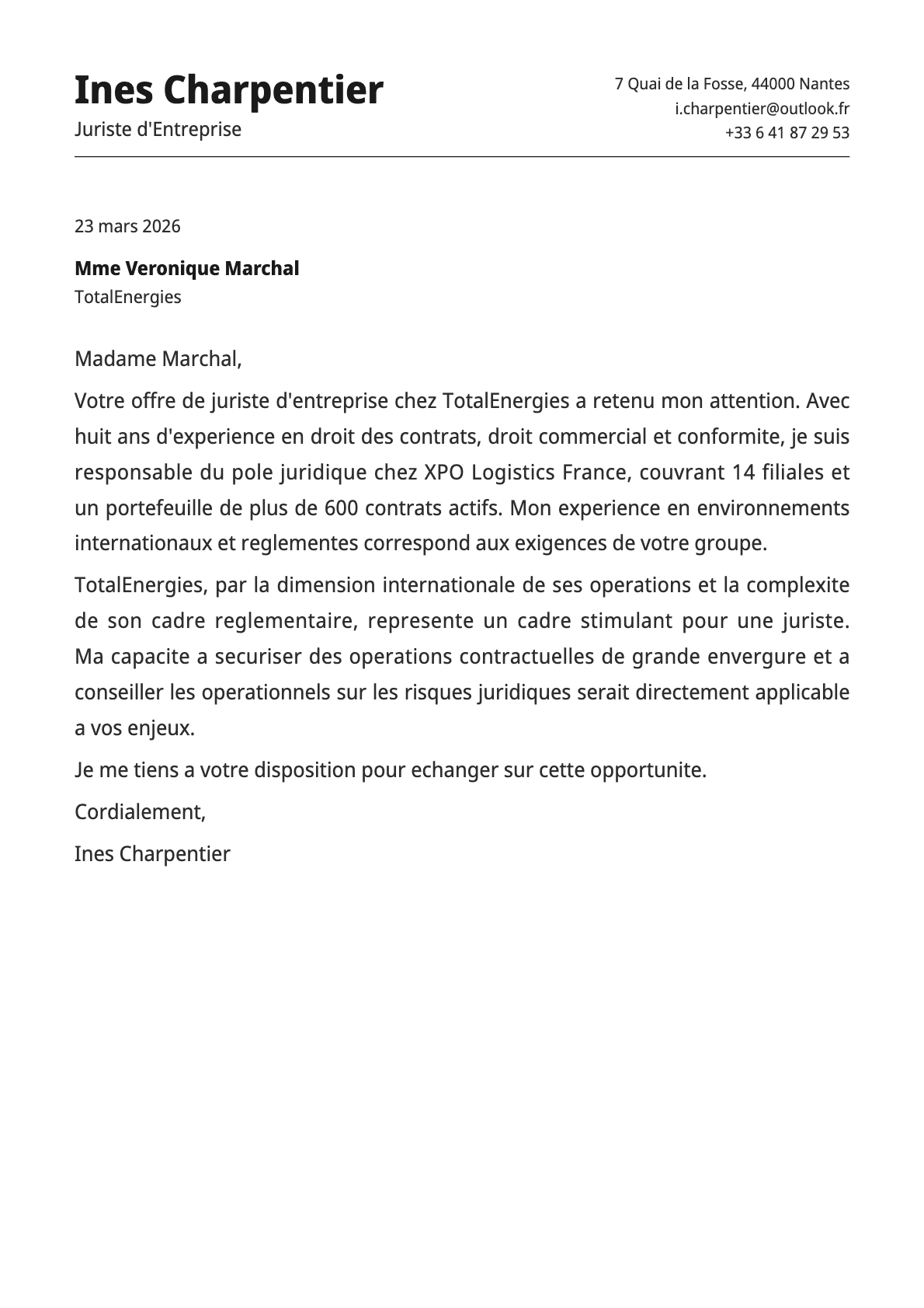 Juriste d'Entreprise cover letter example