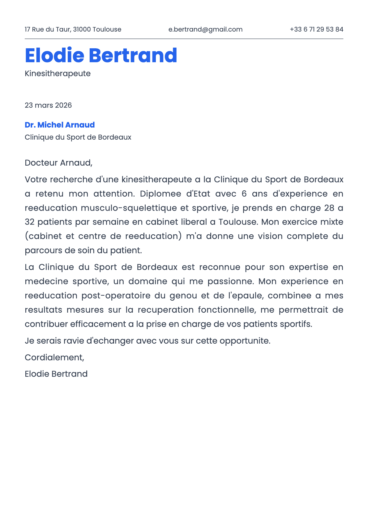 Kinesitherapeute cover letter example