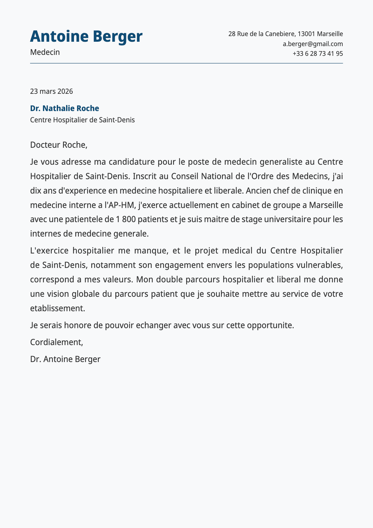 Médecin cover letter example