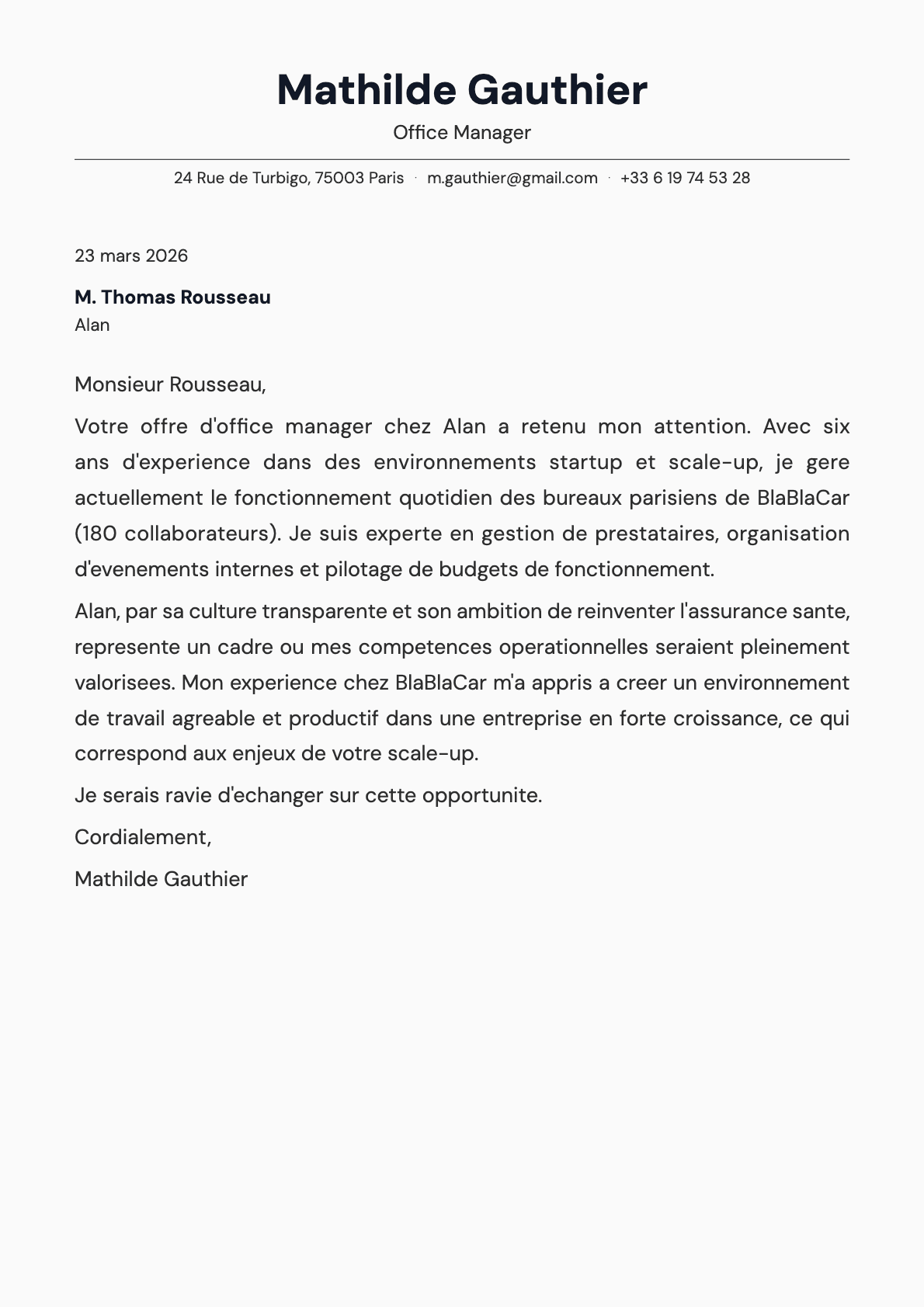 Office Manager cover letter example