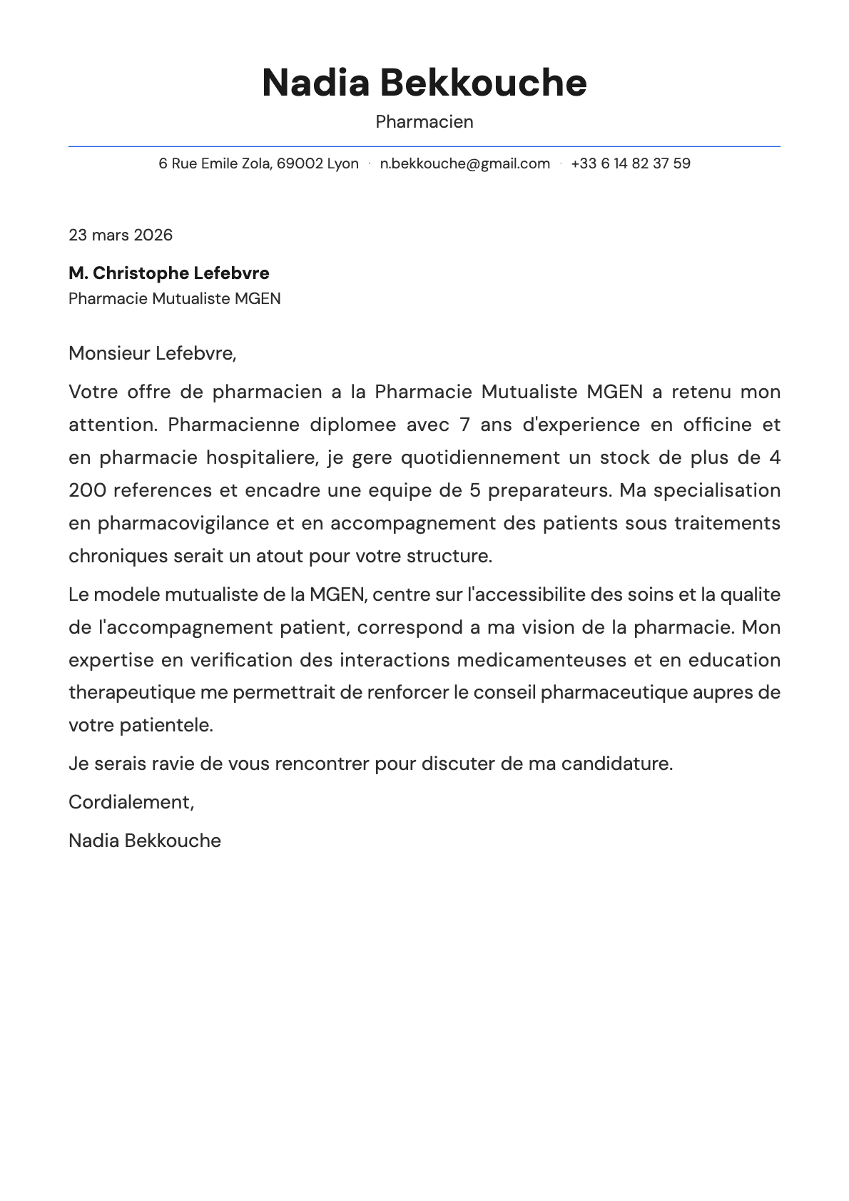 Pharmacien cover letter example
